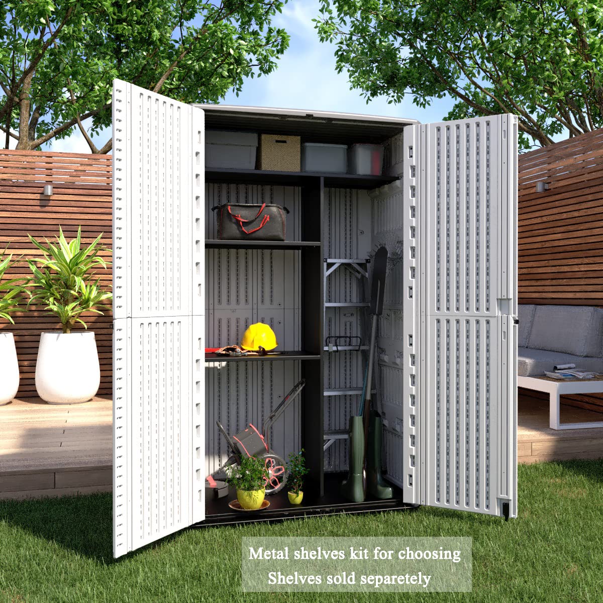 66 Cu.ft Vertical Outdoor Storage Shed - Waterproof Polyethylene Resin Garden Shed with Floor for Garage, Pool Equipment, Bikes & Yard Tools | Perfect for Backyard, Patio & Home Organization