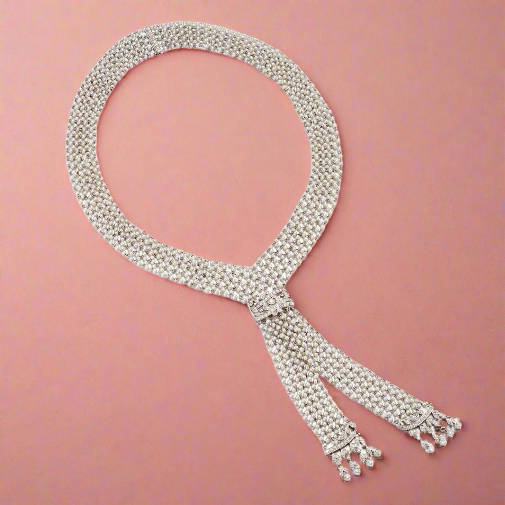 Exquisite Edwardian Diamond & Pearl Négligée Necklace - Vintage Antique Jewelry for Women - Perfect for Weddings, Anniversaries & Special Occasions