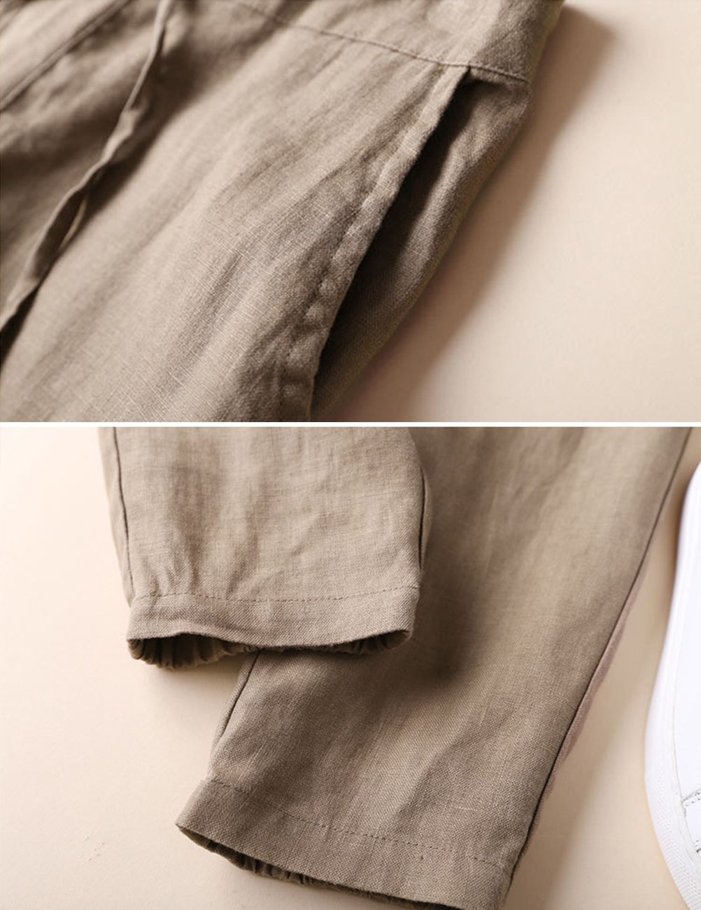 IXIMO Women's Tapered Linen Pants - 100% Breathable Drawstring Elastic Waist Ankle-Length Casual Pants | Perfect for Office, Travel & Summer Outfits