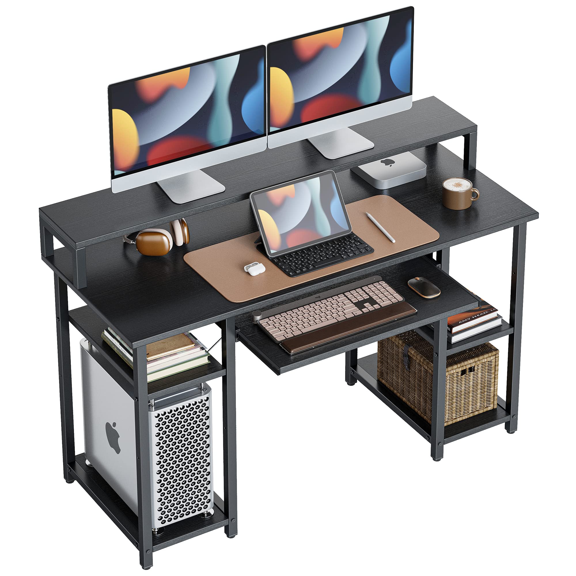 CubiCubi 47 Inch Home Office Desk with Storage Shelves, Monitor Stand & Keyboard Tray - Black Study Writing Computer Desk for Small Spaces, Gaming & Remote Work