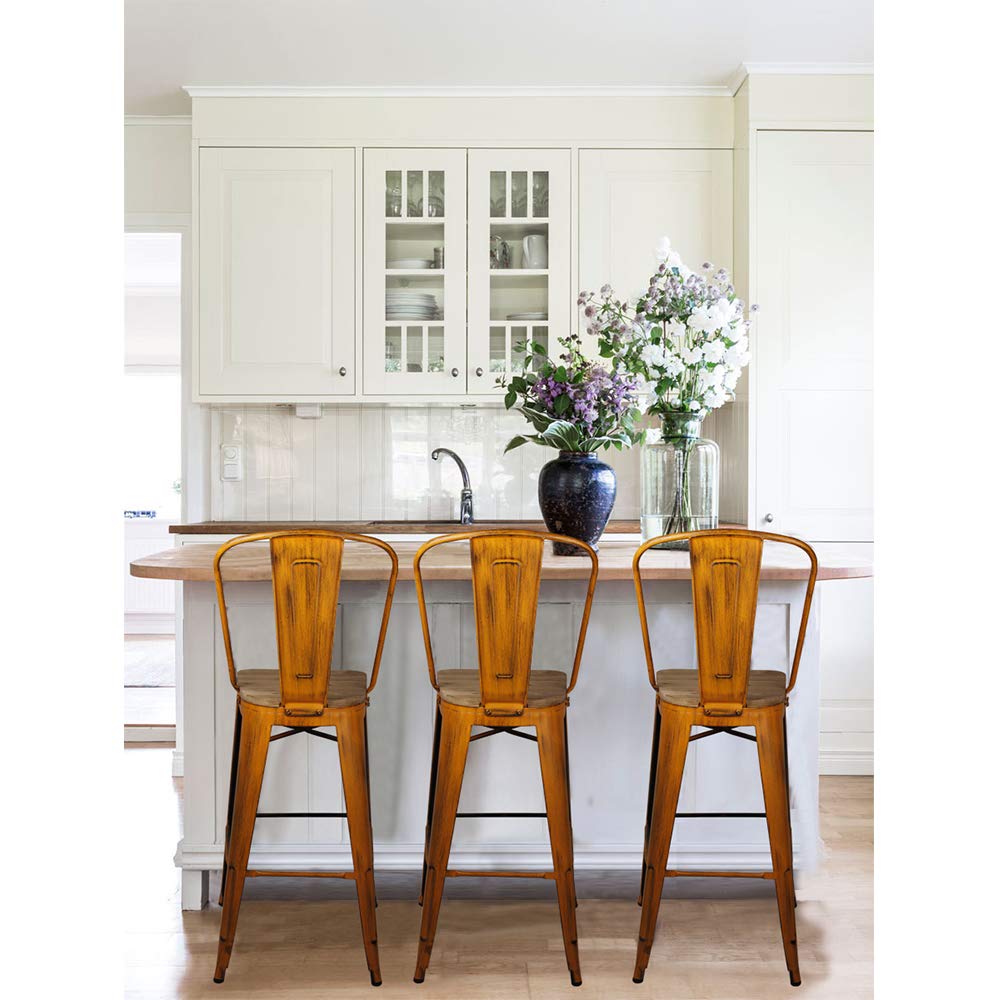 GIA High Back Armless Metal Bar Stools with Light Wood Seat - Set of 4 Antique Orange Counter Height Chairs for Kitchen Island, Breakfast Nook & Home Bar Decor