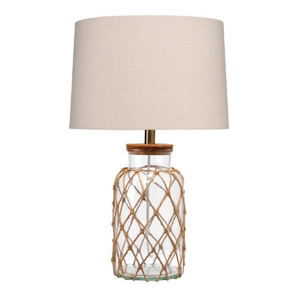 Coastal Rope & Glass Jar Table Lamp with Oatmeal Linen Shade - 3-Way Socket, Clear & Natural Finish - Perfect for Beach House, Farmhouse, or Boho Bedroom Decor