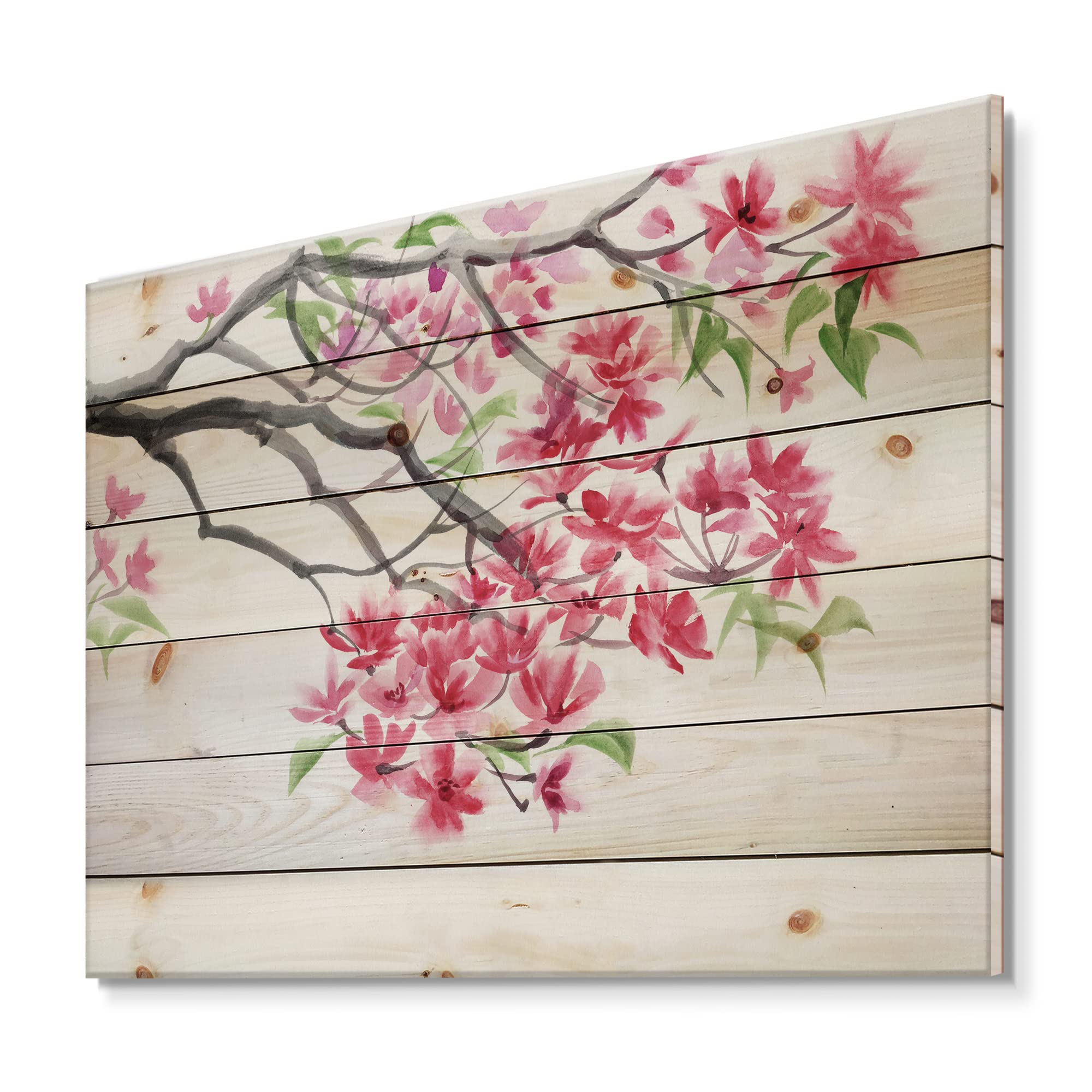 DesignQ Red Blossoming Tree Traditional Wood Wall Decor - Pink Floral Wood Art Panel, Large Pine Wood Wall Hanging for Living Room, Bedroom & Office Decor