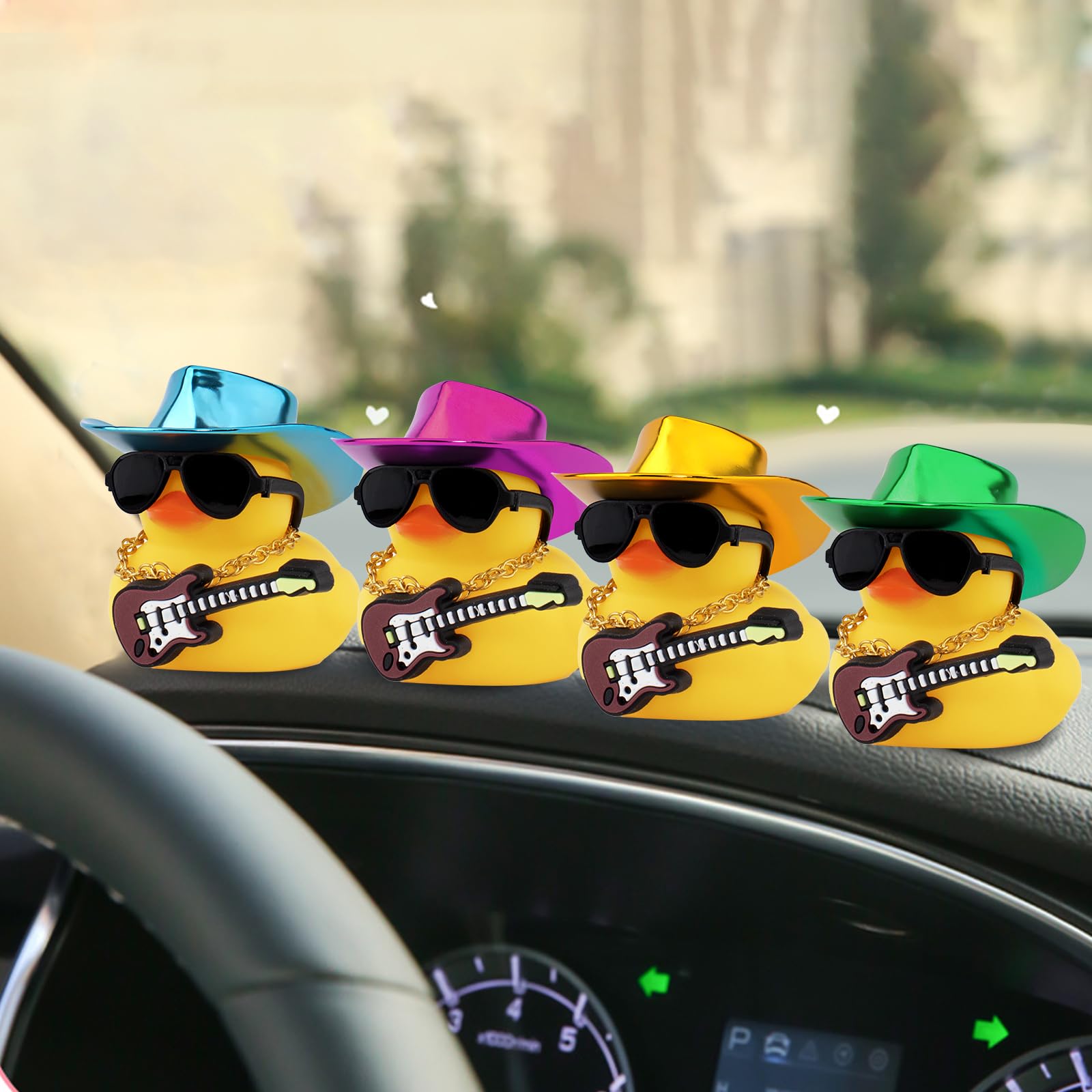 Wonuu Rubber Duck Car Ornaments with Cowboy Hat, Necklace & Sunglasses - Blue Guitar Duck Dashboard Decor for Cool Car Accessories, Perfect for Road Trips & Gift Giving