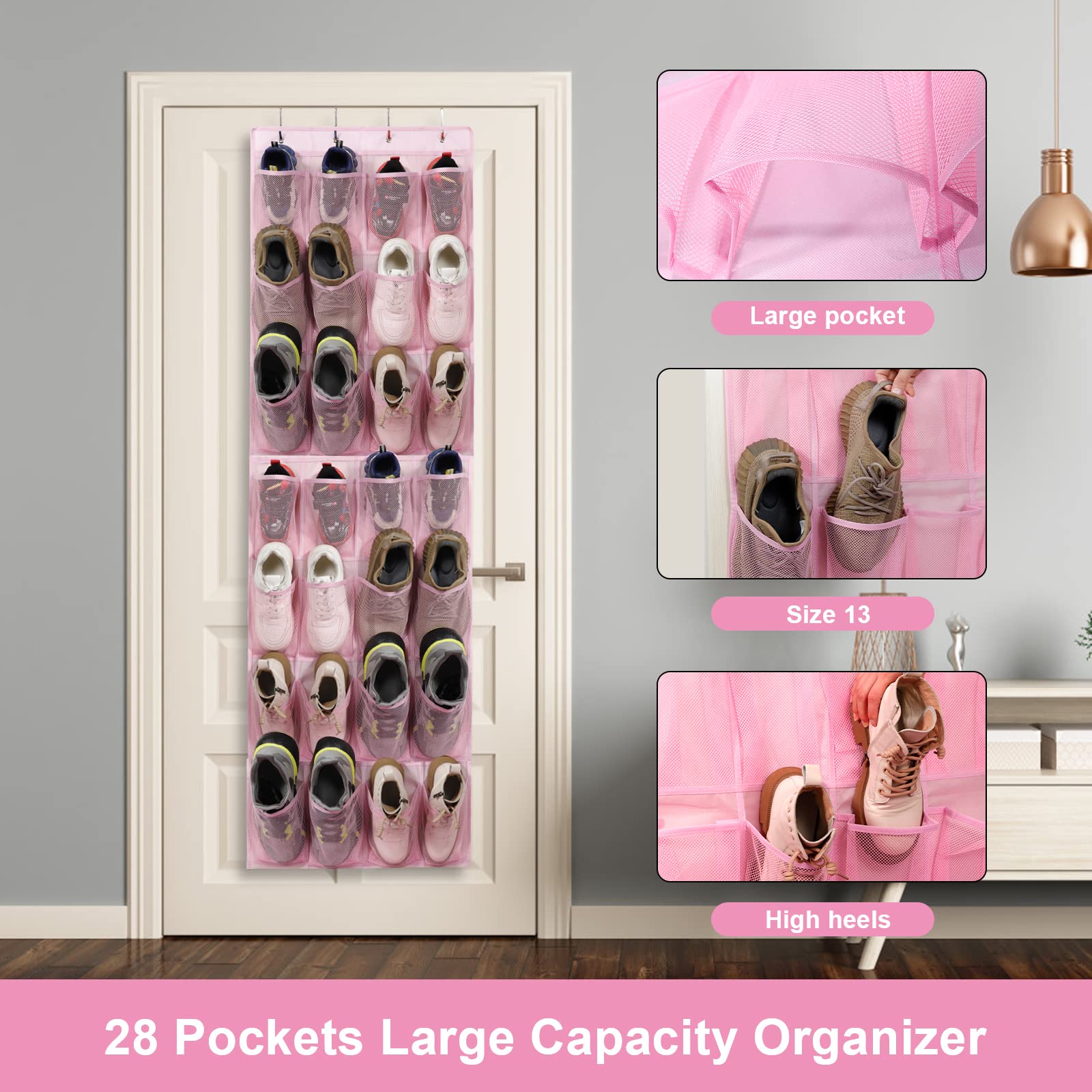 Over the Door Shoe Organizer with 28 Mesh Pockets - Pink Hanging Shoe Rack for Closet, Entryway, Bedroom & Bathroom - Perfect for Organizing Women's High Heels, Sneakers & Flats - Space Saving Shoe Storage Solution for Small Homes & Apartments