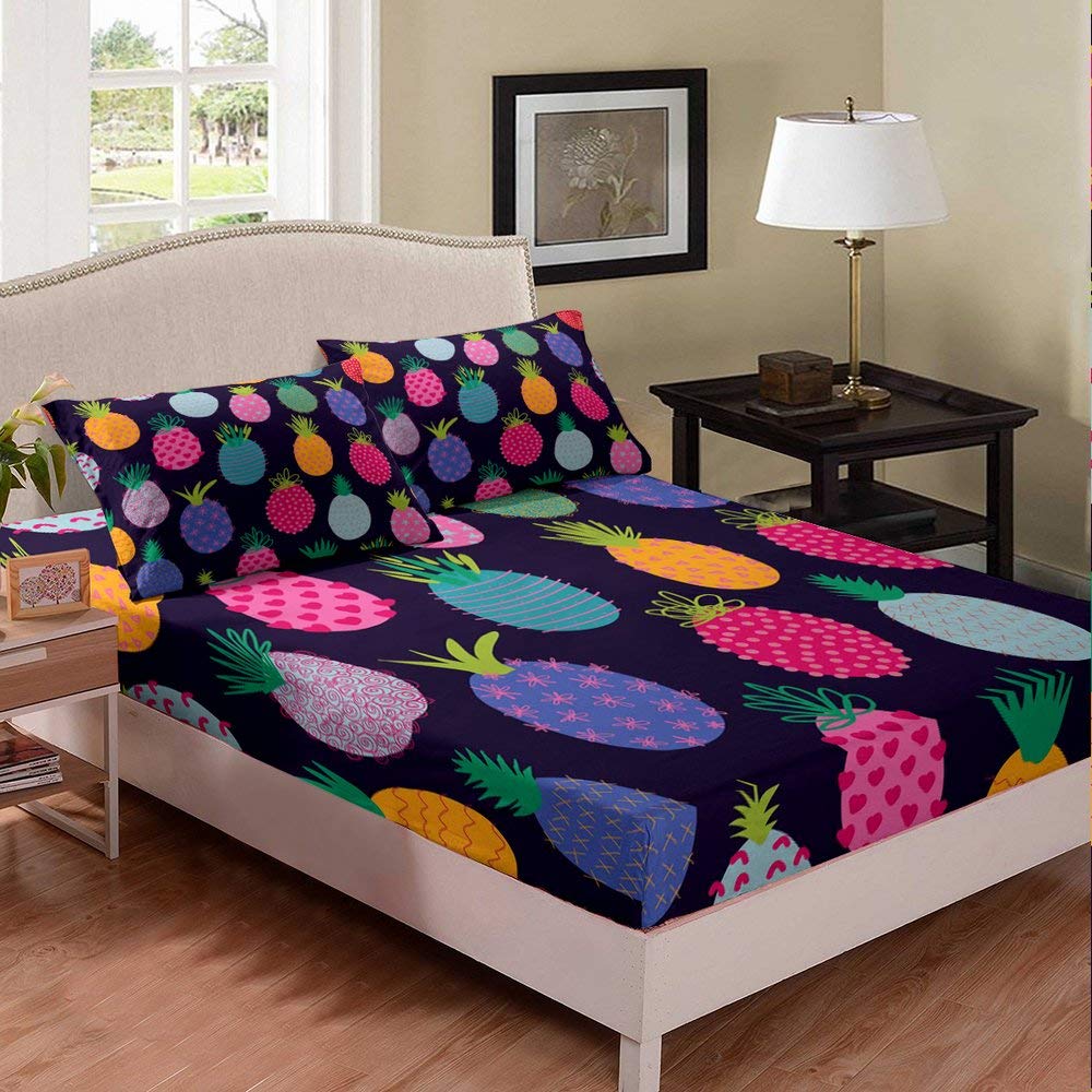 Vibrant Pineapple Print Queen Bed Sheet Set - Dark Purple Background, 3-Piece Duvet Cover (1 Fitted Sheet + 2 Pillowcases) for Teens & Young Adults - Fun Cartoon Fruit Design for Tropical Bedroom Decor