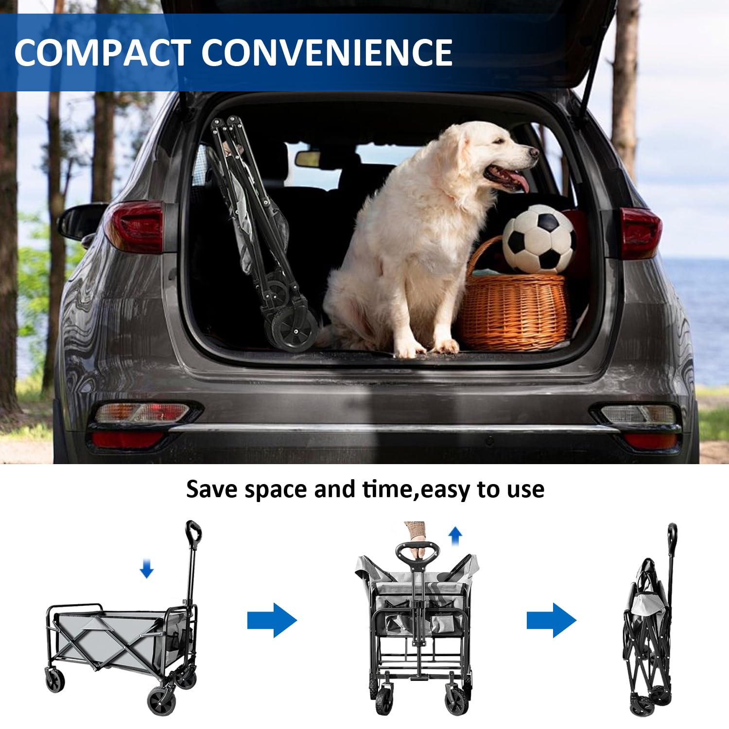 Heavy Duty Collapsible Folding Wagon Cart - Portable Utility Cart with Large Capacity for Beach, Camping, Grocery Shopping, Fishing & Outdoor Activities - Perfect for Picnics, Sports Events & Garden Use (Gray)