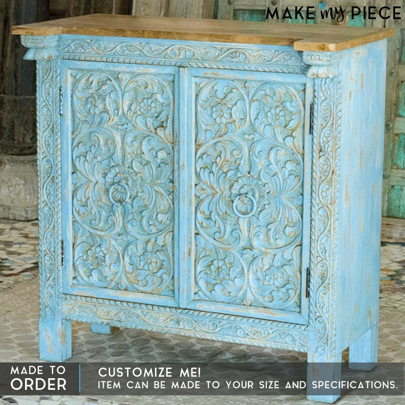 Rustic Blue Floral Carved Solid Wood Sideboard - Farmhouse Dining Room Buffet Cabinet for Home Decor & Storage