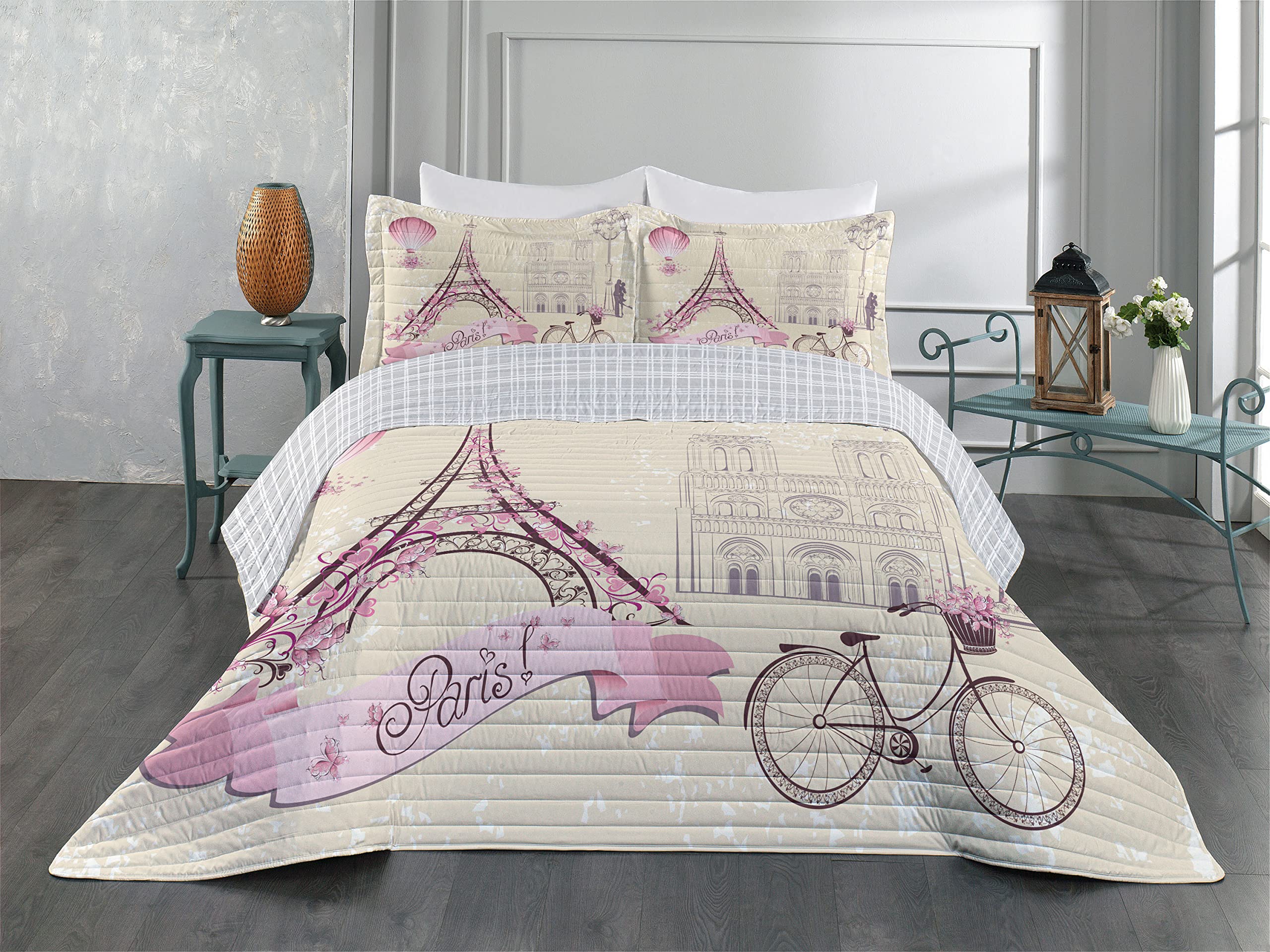 Ambesonne Reversible King Size Bedspread Set - Floral Paris Landmarks Design with Eiffel Tower, Hot Air Balloon & Bicycle | Romantic Couple Microfiber Comforter & Pillow Shams in Ivory Pink | Perfect for Master Bedroom, Guest Room & Paris-Themed Decor