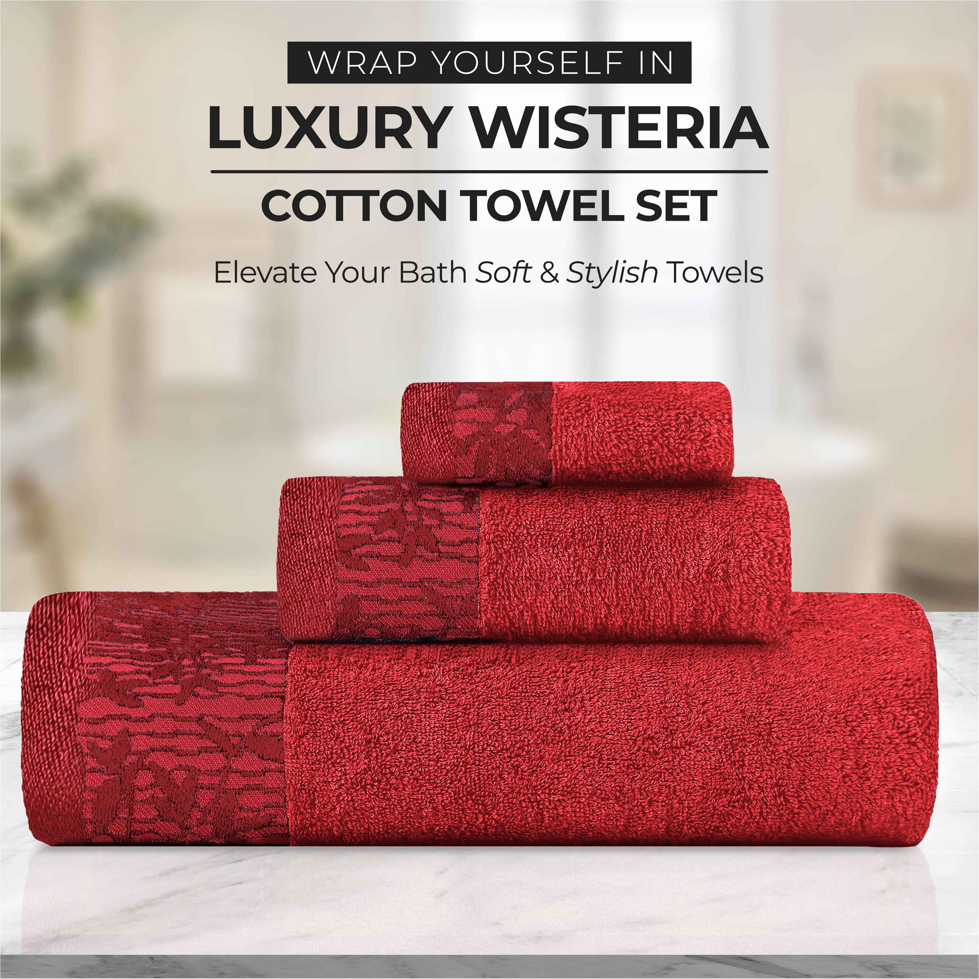 Premium Wisteria Cotton Floral Embroidered Jacquard Border Bath Towel Set of 2 - Soft Absorbent Luxury Towels for Spa, Bathroom & Guest Use