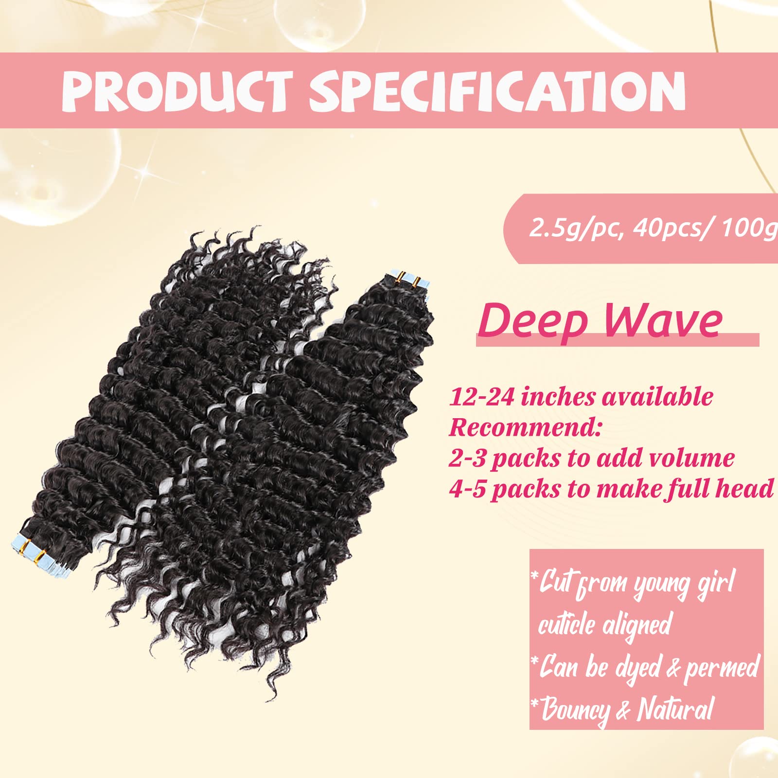 100% Real Human Tape in Hair Extensions - Deep Wave Brazilian Remy Hair 22