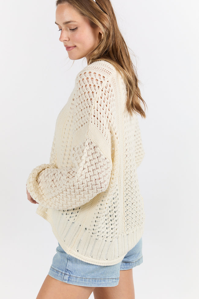 Morning Markets Cream Open Knit V-Neck Sweater for Women - Soft Lightweight Pullover for Fall & Winter - Casual Office Wear & Weekend Outfits