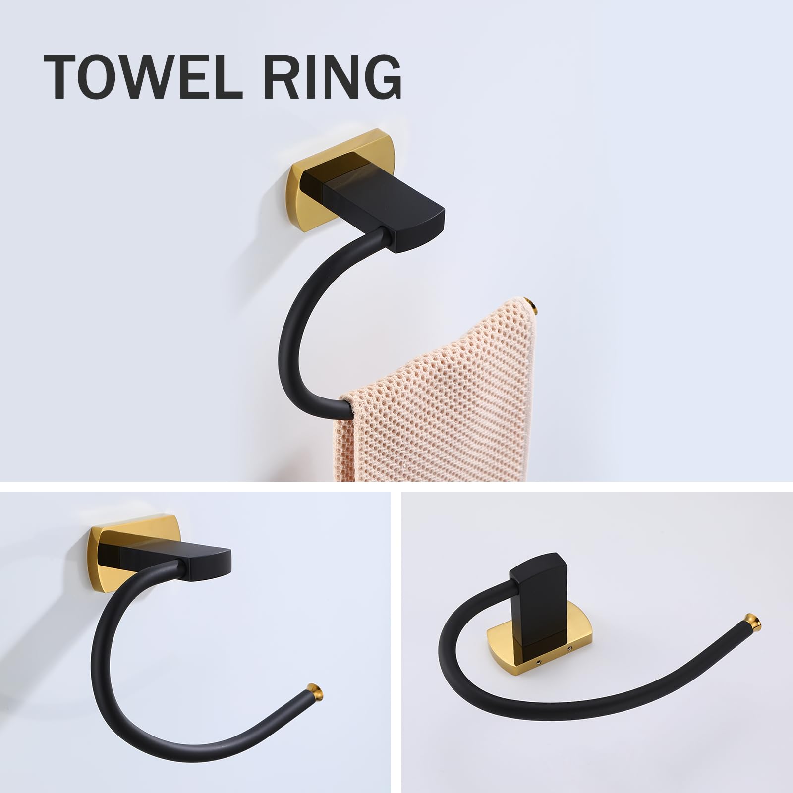 Premium 3-Piece Bathroom Hardware Set - Matte Black Zinc Alloy Towel Holder, Toilet Paper Stand & Wall-Mounted Ring with Gold Accents | Modern Bathroom Accessories for Home & Hotel Decor | Rust-Resistant & Easy Installation
