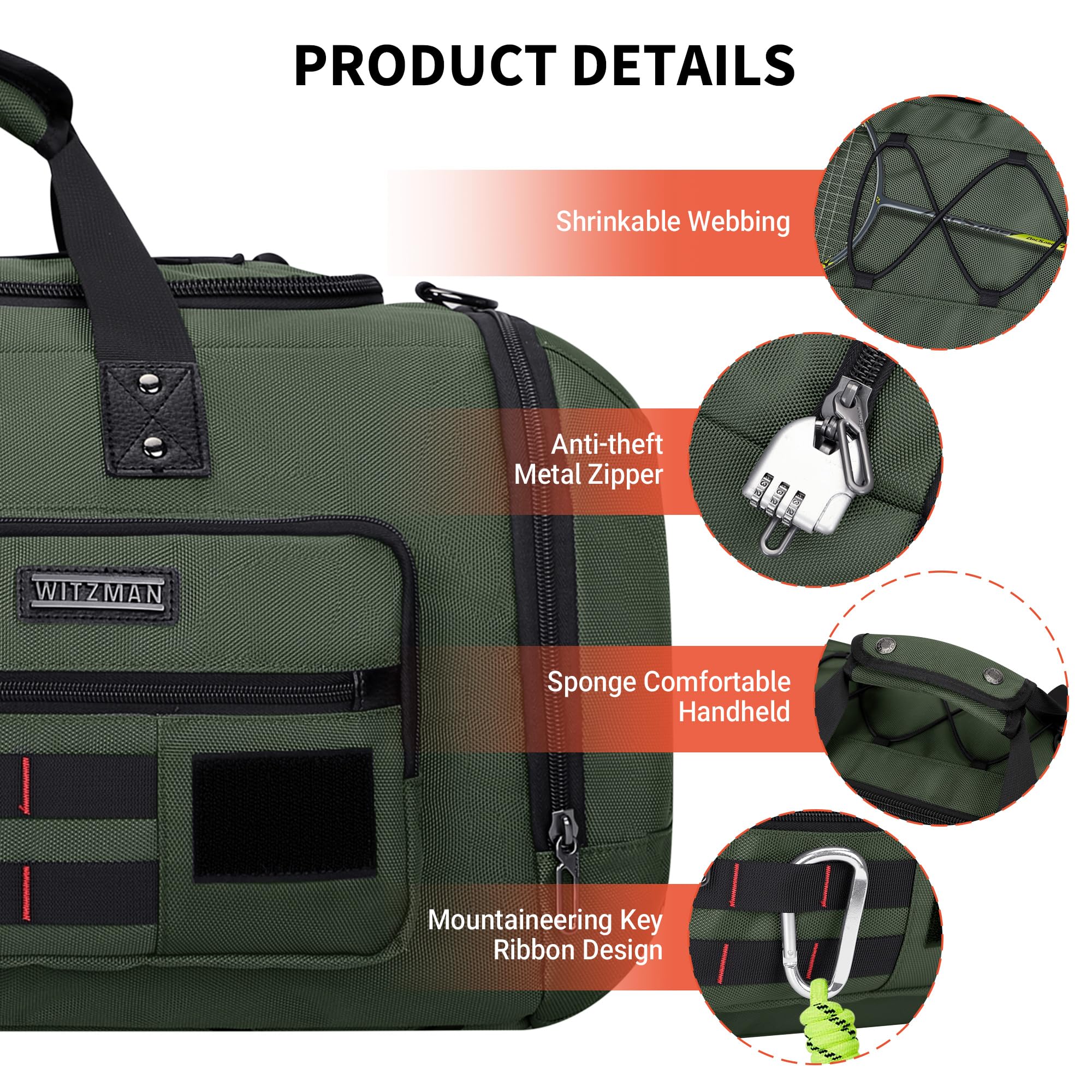 WITZMAN Men's Large Travel Duffel Bag - 3-in-1 Carry On Weekender Overnight Bag with Shoe Compartment (Army Green B693) | Perfect for Gym, Business Trips & Weekend Getaways
