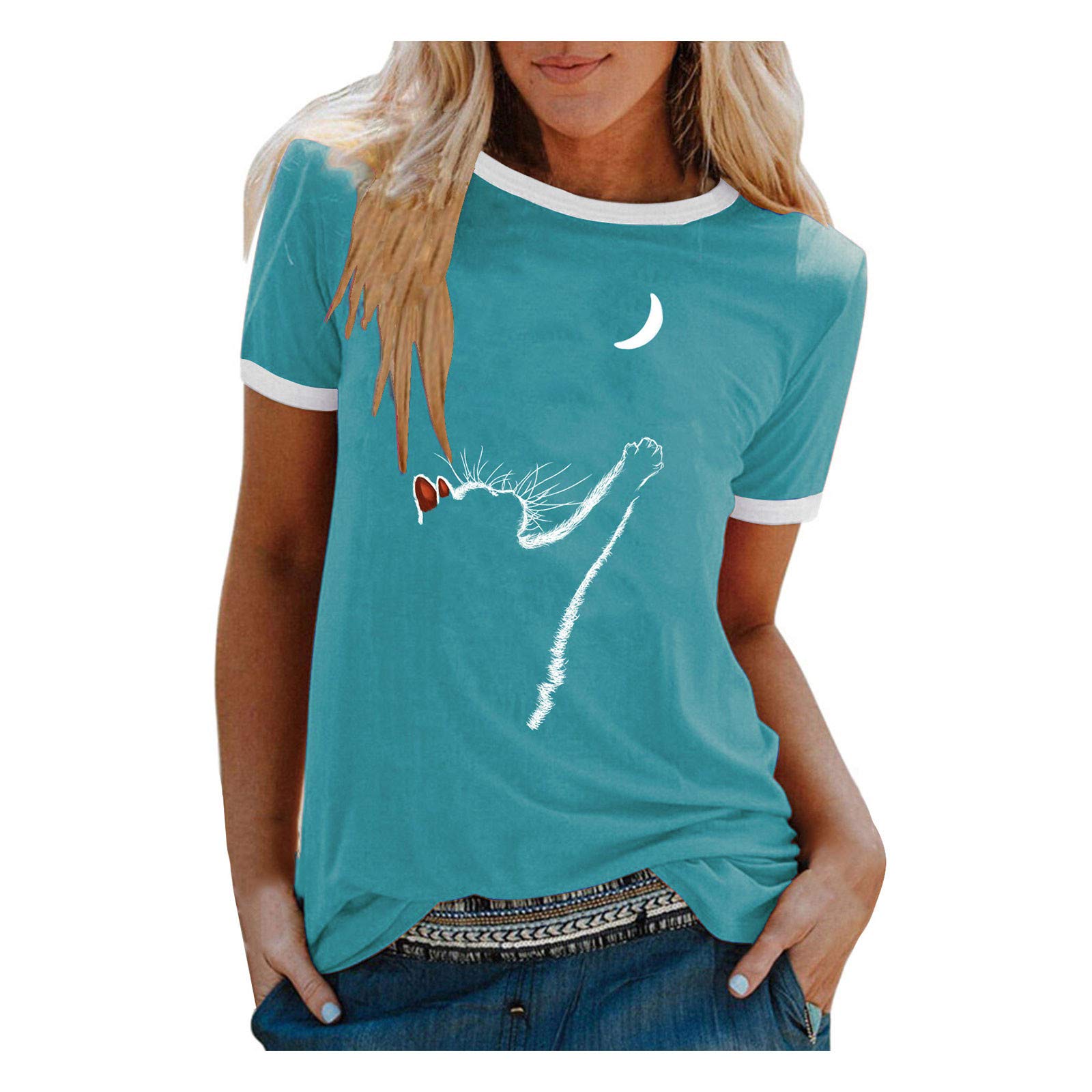 Women's Classic Short Sleeve Crewneck Blouse with Creative Cat Print - Professional Office Wear & Casual T-Shirt for Everyday Comfort