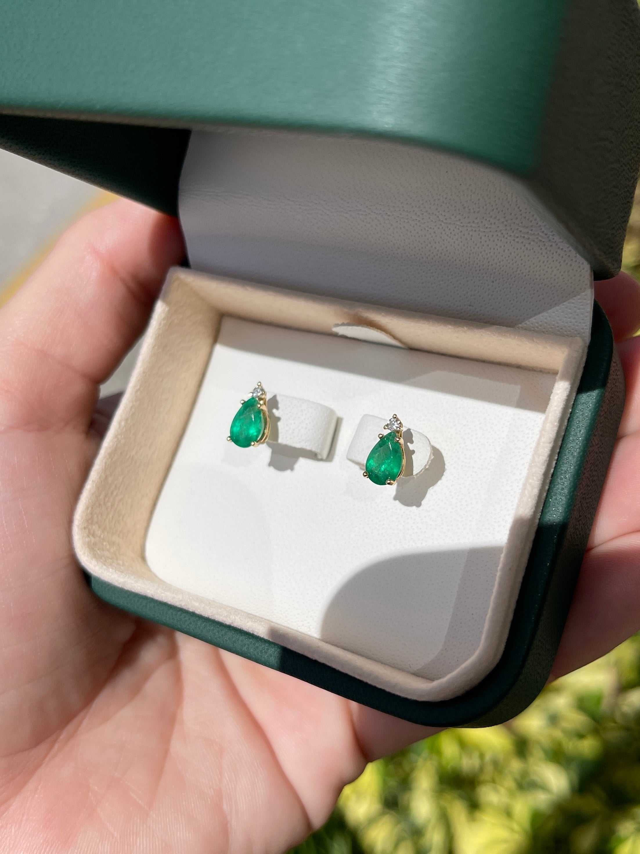 1.66tcw Natural Emerald and Diamond Stud Earrings in 14K Gold - Elegant Teardrop Design for Women, Perfect for Weddings, Parties & Special Occasions