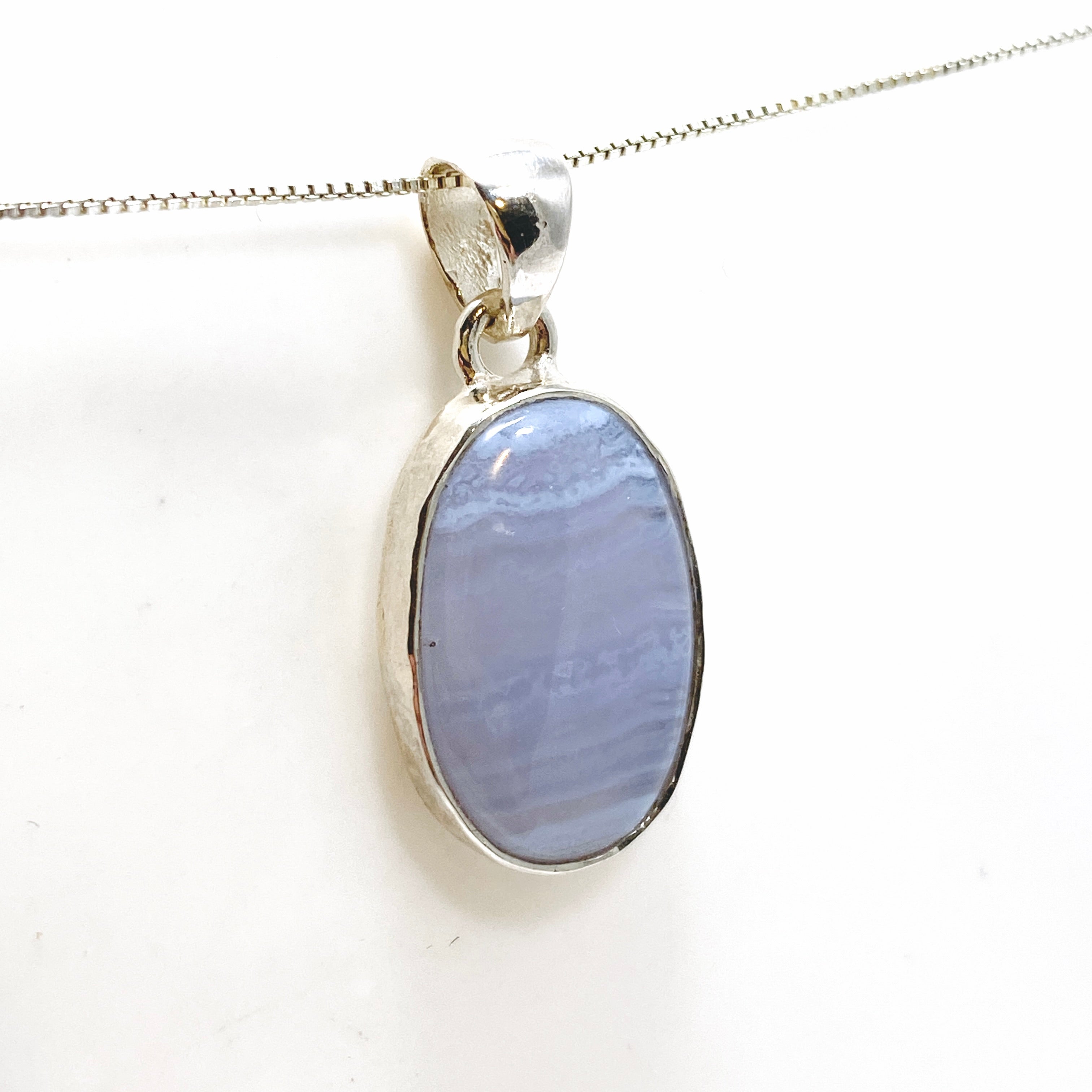 Blue Lace Agate Oval Cabochon Pendant in Hammered Sterling Silver Setting KPGJ4818 - Perfect for Boho Jewelry & Spiritual Healing