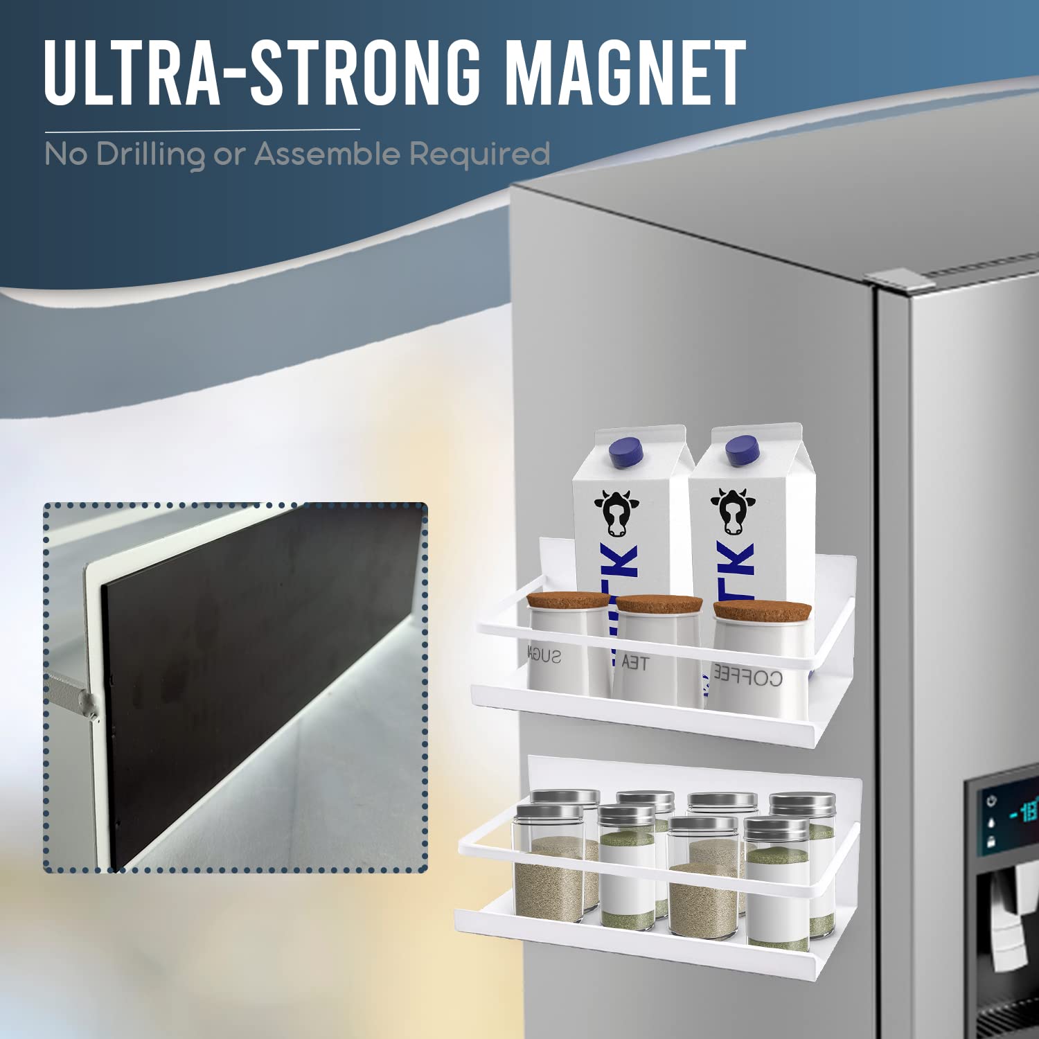 Sturdy Magnetic Spice Rack for Refrigerator - White Metal Spice Organizer with Strong Magnets for Fridge, Oven, Washing Machine - Space-Saving Kitchen Storage Solution - Perfect for Small Kitchens, Apartments & Dorm Rooms