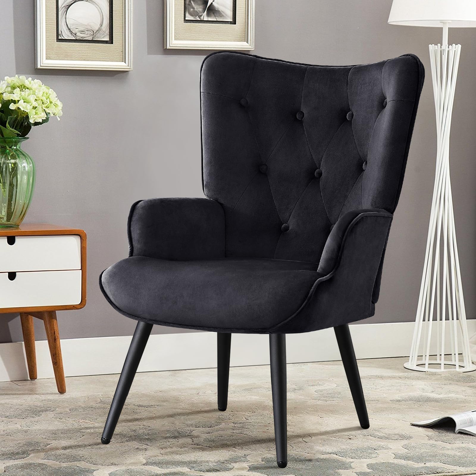 Furniliving Velvet Accent Chair - Modern Upholstered Side Armchair with Tapered Legs & Tufted Button Wingback Design - Tall Back Reading Chair for Living Room, Bedroom, Office Waiting Area - Perfect for Relaxing, Reading & Home Decor - Black