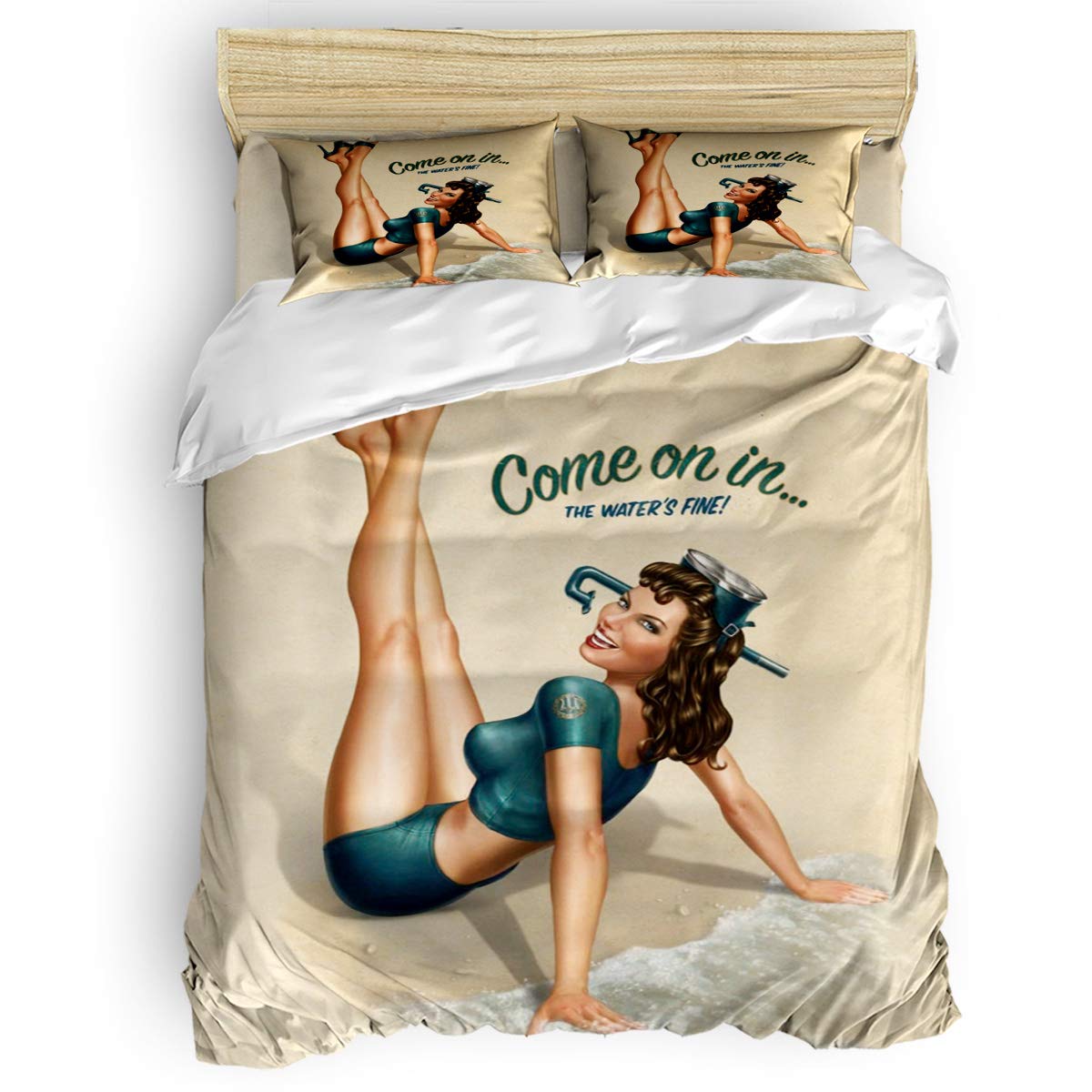 King Size Duvet Cover Set - 4 Piece Pin Up Girls Design Bedding with Comforter, Flat Sheet & Pillow Covers - Breathable & Stylish Bedroom Decor for Adults, Teens - Perfect for Home, Dorm, Guest Room