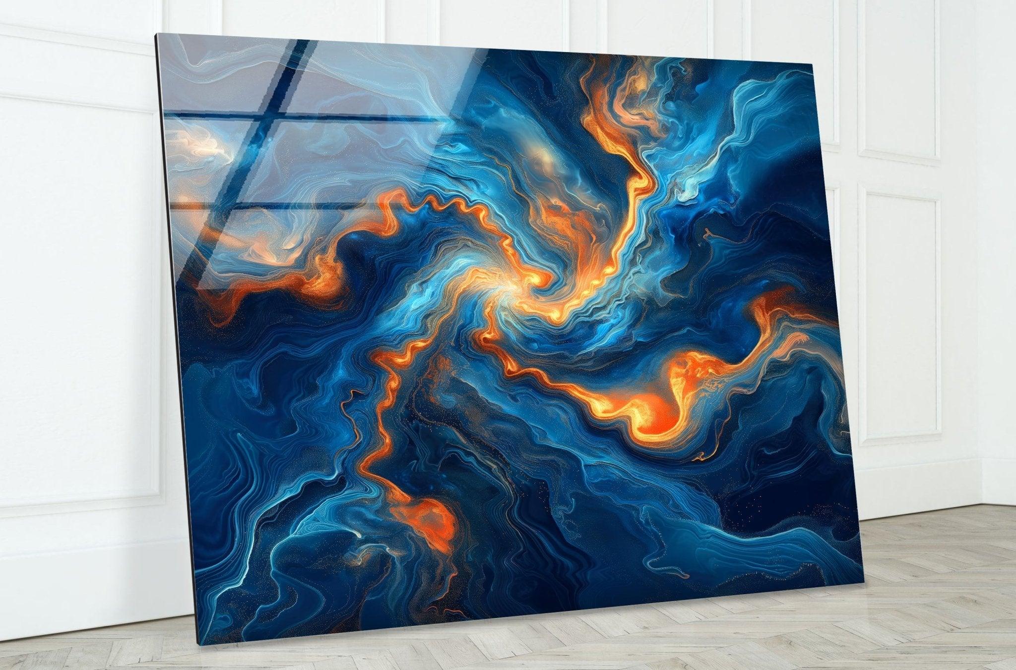 Abstract Swirling Blue and Orange Glass Wall Art - Handmade Modern Home Decor for Living Room, Bedroom & Office - Unique Contemporary Wall Sculpture