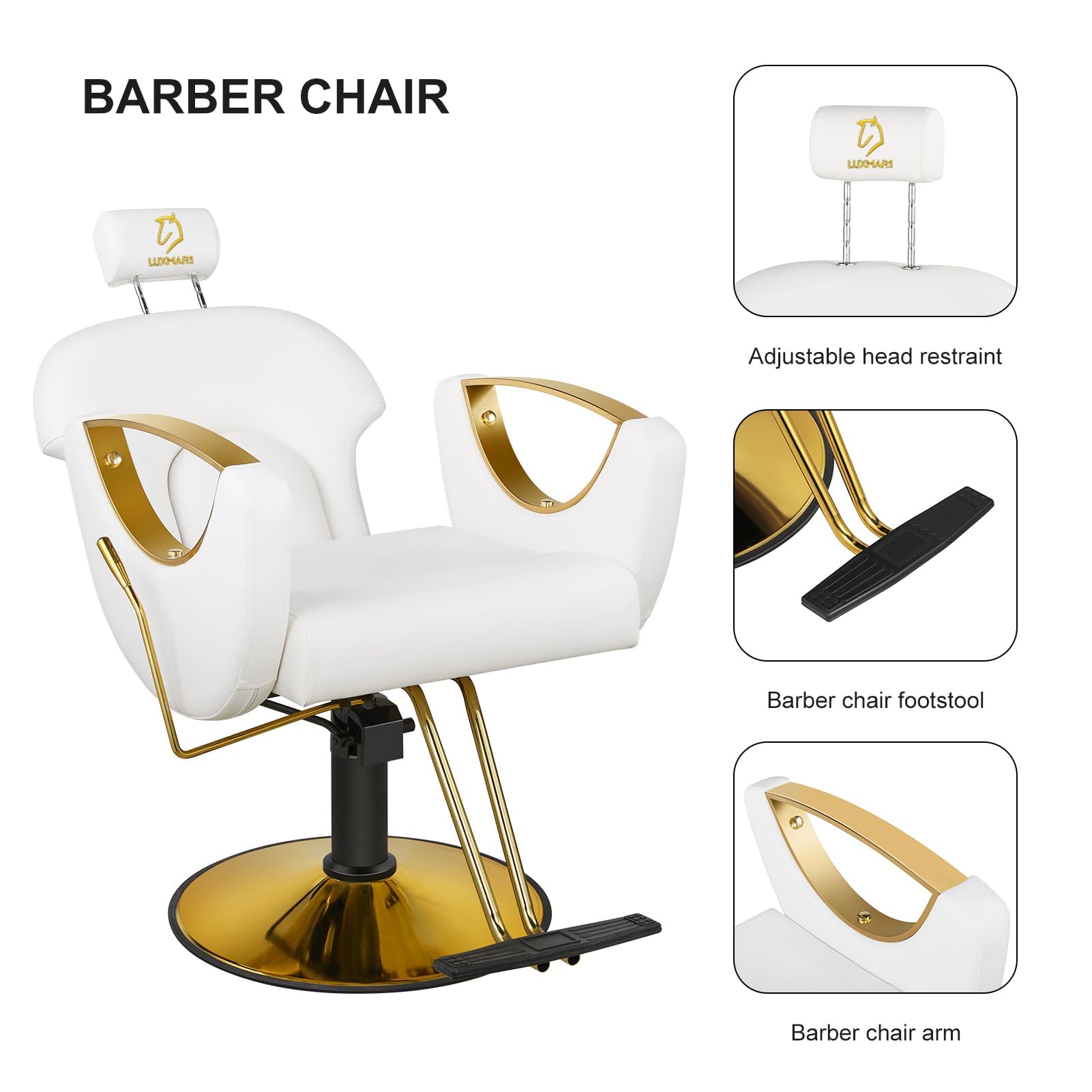Professional Hydraulic Barber Chair - 360° Swivel Reclining Salon Styling Chair with Rolling Casters | White Hair Cutting & Shampoo Equipment for Barber Shops & Home Salons