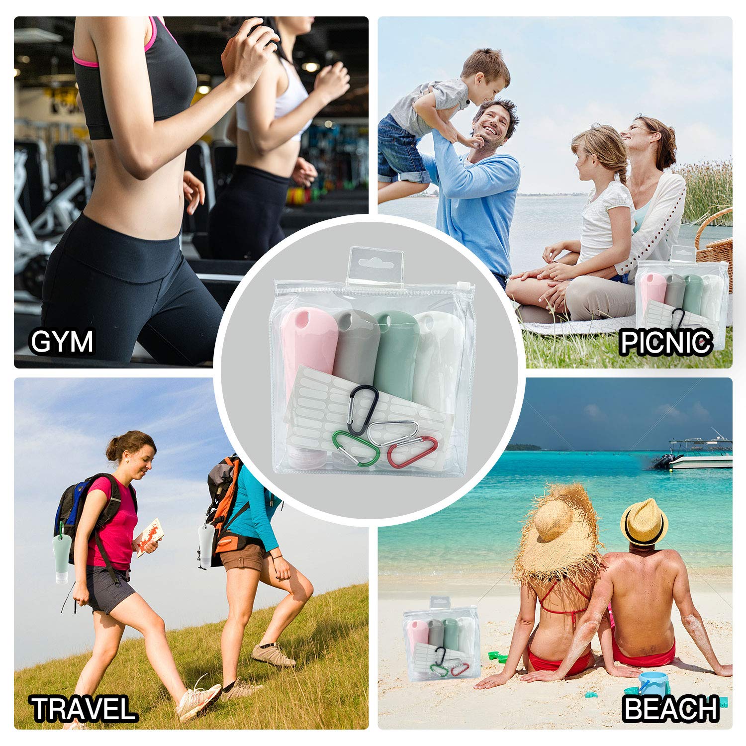 Leak-Proof Silicone Travel Bottles Set (4 Pack, 3 fl oz) - Squeezable Portable Toiletries Containers for Shampoo, Lotion & Cosmetics | Perfect for Air Travel, Gym & Vacation