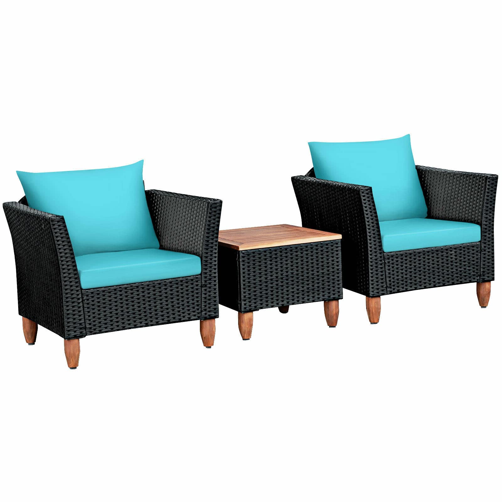 3PCS Outdoor Rattan Bistro Furniture Set - Patio Conversation Set with 2 Single Sofas & Coffee Table - Sturdy Steel Frame & Turquoise Soft Sponge Cushions - Perfect for Backyard, Garden, Balcony, Poolside, and Outdoor Dining