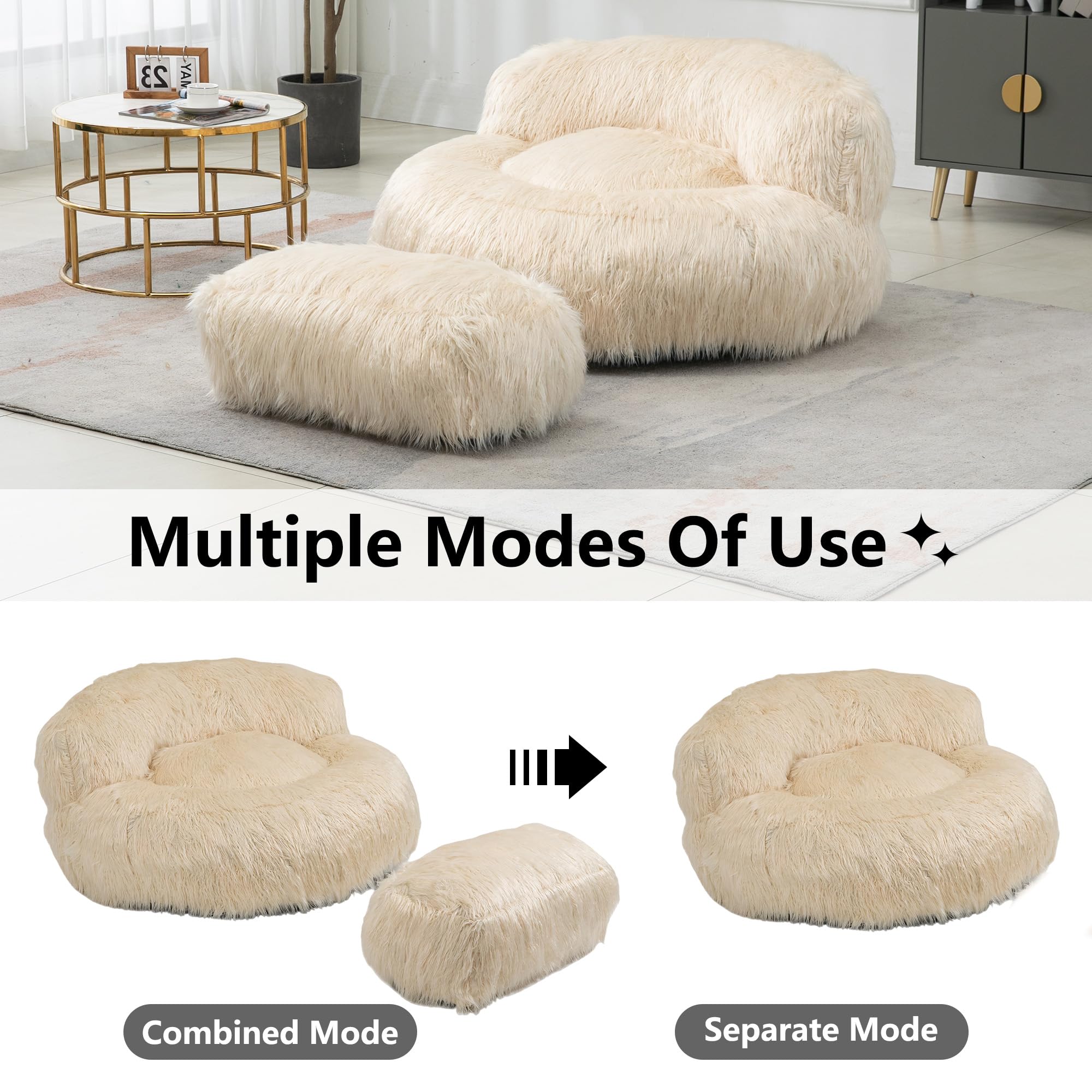Soft Fluffy Faux Fur Bean Bag Chair with Ottoman - Large Shaggy Plush Lazy Sofa Bed for Living Room, Bedroom & Home Office - Modern Accent Furniture for Relaxing, Gaming & Lounging (Beige)