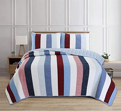 3-Piece Striped Cotton Quilt Set - Full/Queen Size Bedding - 100% Breathable Soft Cotton - Perfect for Bedroom, Guest Room & Dorm Decor - Cozy & Stylish Home Textiles