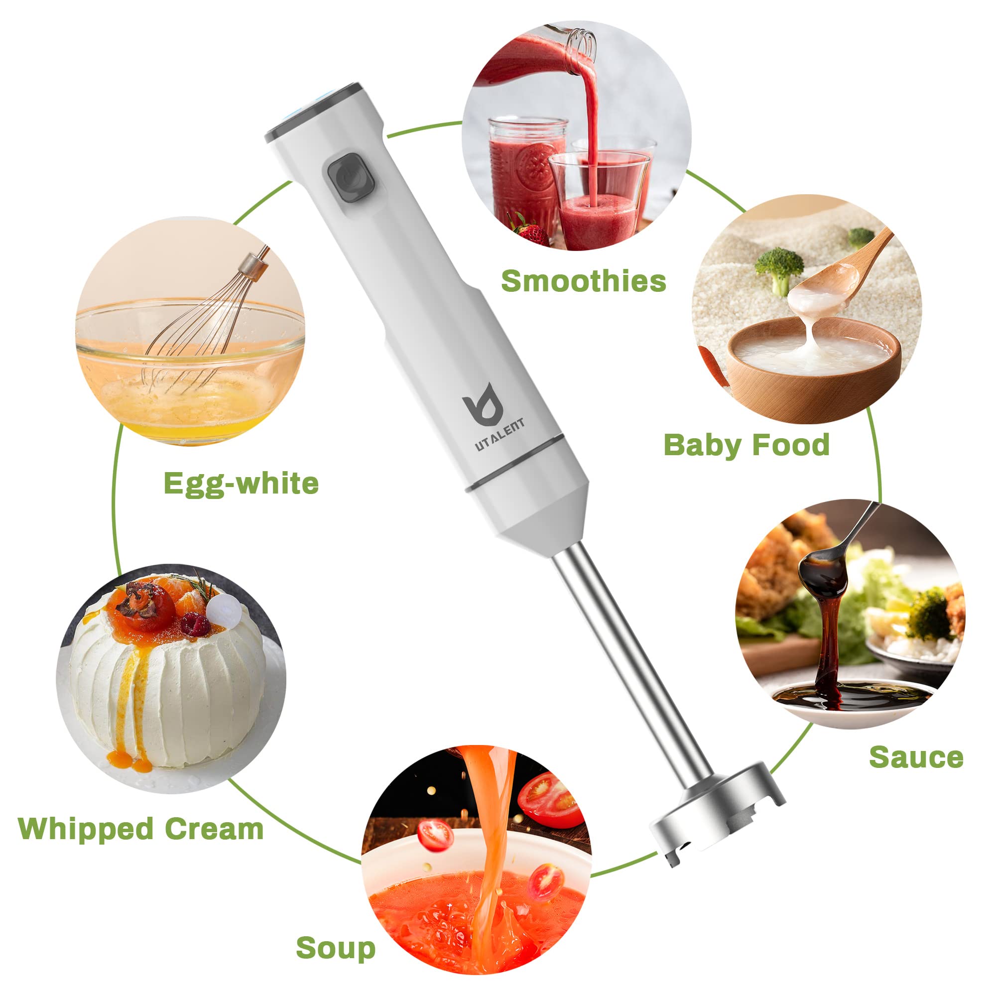 UTALENT Rechargeable Cordless Hand Blender with 500ml Chopper & 600ml Container - Variable Speed Immersion Blender with Egg Whisk for Smoothies, Baby Food, Soups - Perfect for Kitchen, Camping & Small Spaces (White)