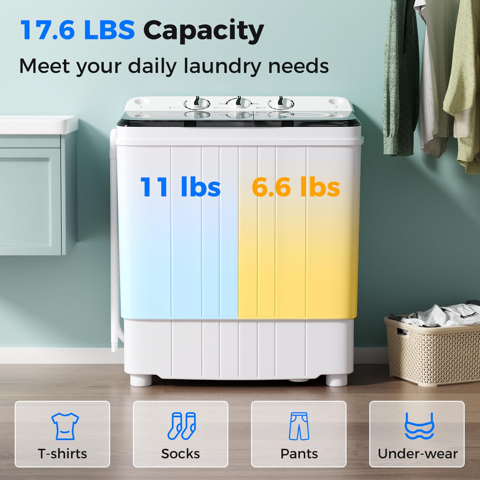 Giantex Portable Washing Machine 17.6lbs - Compact Twin Tub Washer & Spinner Combo with Pump Drain, 11lbs Wash & 6.6lbs Spin - Perfect for Apartments, RVs, Dorms, College Students - White & Black - Ideal for Small Space Laundry, Travel & Camping Use
