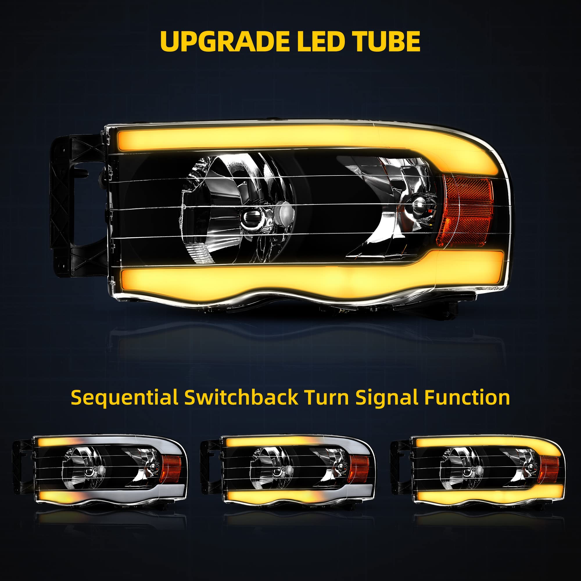 DWVO LED Headlights Assembly Compatible with 2002-2005 Dodge Ram 1500/2500/3500 - Switchback DRL Tube, Replacement Headlamps Pair - Perfect for Night Driving & Off-Road Adventures