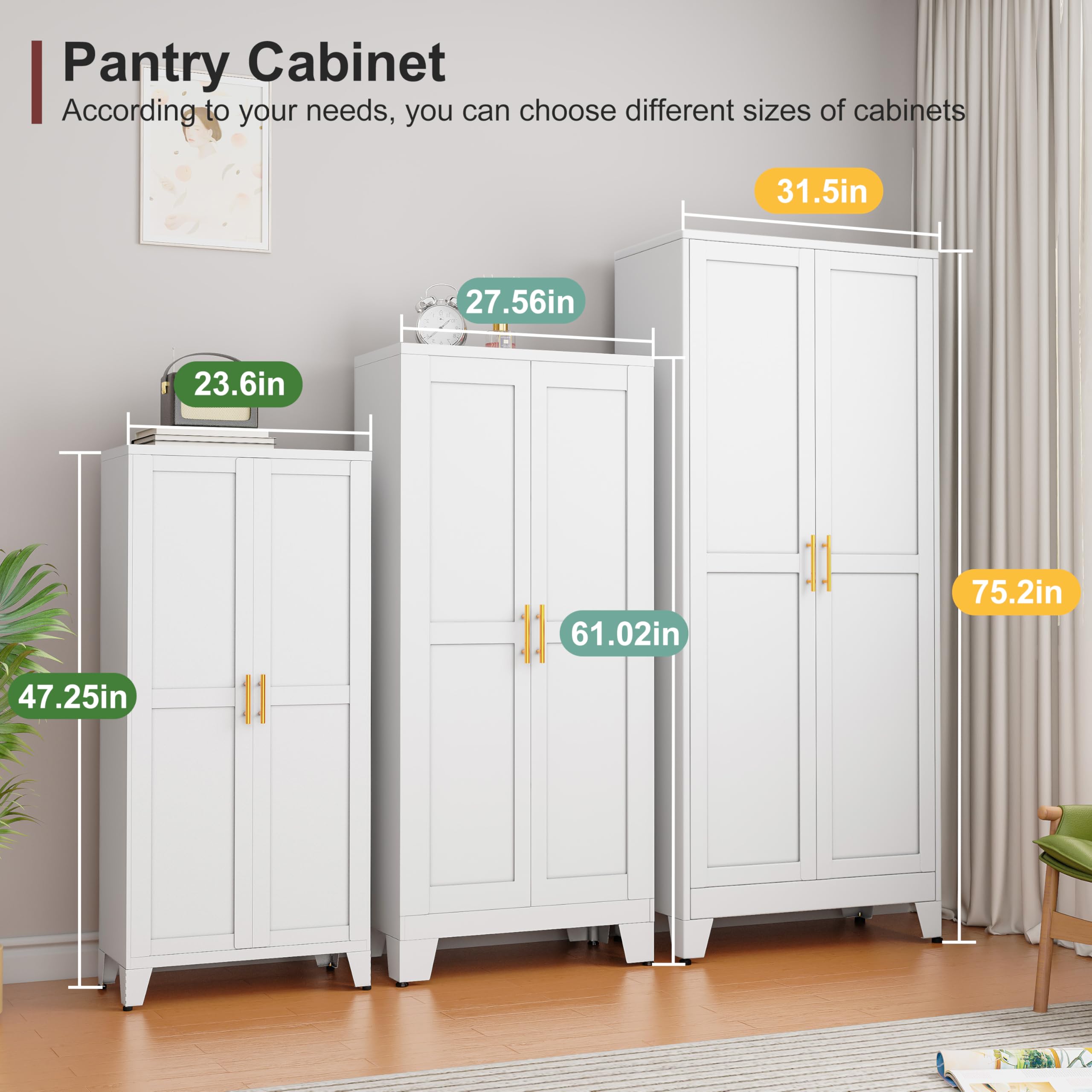White Metal Pantry Cabinet with 2 Doors & Adjustable Shelves - Kitchen Storage Cabinet with Gold Handles for Laundry, Living Room, Bathroom & Dining Room - Perfect for Organizing Spices, Linens & Household Items