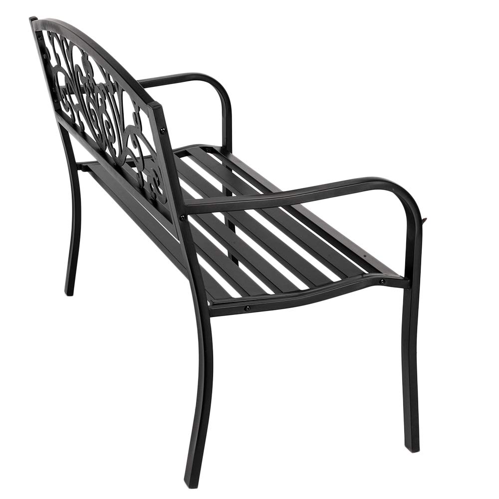 VINGLI 50 Inch Outdoor Metal Bench - Heavy Duty Powder Coated Cast Iron Steel Garden Bench for Patio, Yard, Lawn, Deck & Entryway - Weather Resistant Black Outdoor Furniture for Relaxing & Decorating