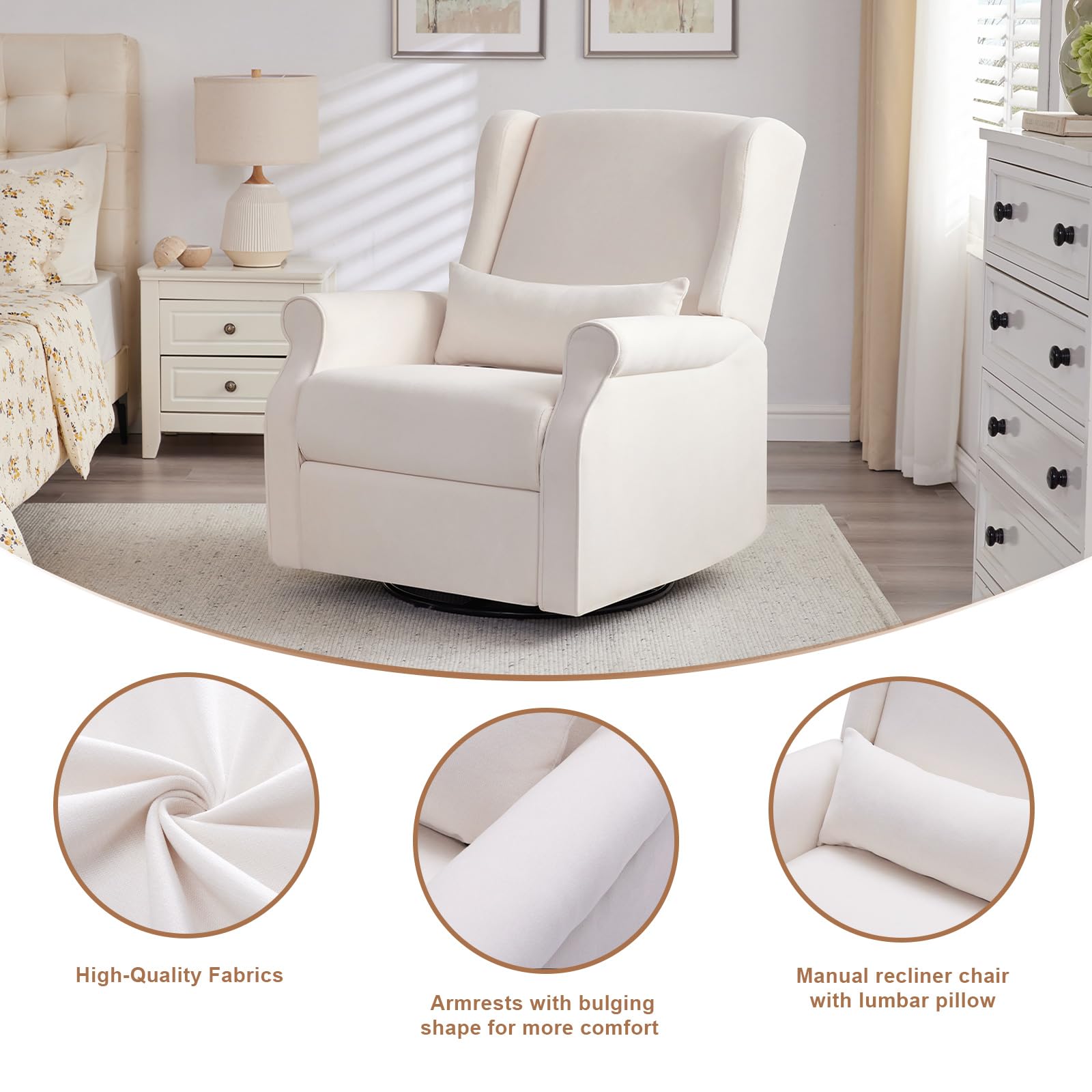 360° Swivel Glider Rocking Recliner Chair with Footrest - Manual Nursing Rocker for Nursery & Living Room - Soft Beige Fabric - Perfect for Breastfeeding, Reading & Relaxing