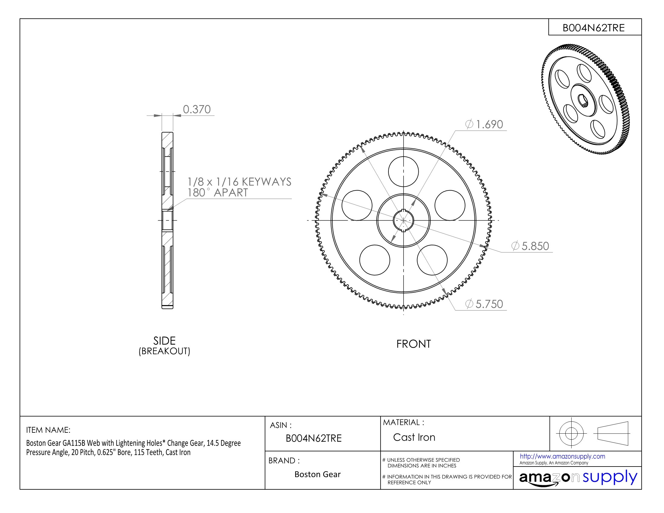 GA115B Web with Lightning Holes Change Gear - 14.5° Pressure Angle, 20 Pitch, 0.625