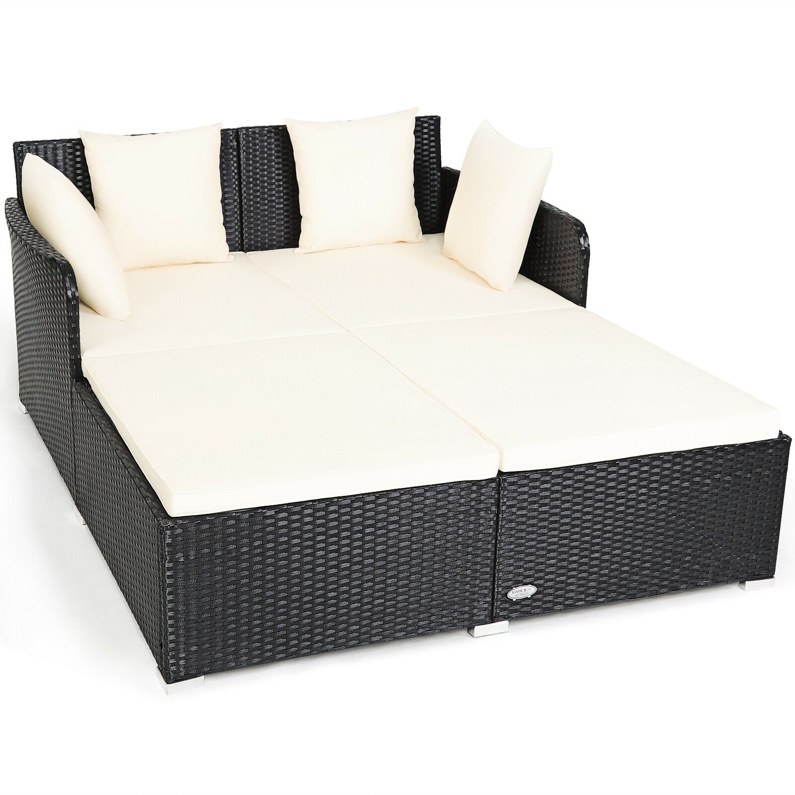 Premium White Outdoor Rattan Daybed with Upholstered Cushions & Pillows - Spacious Patio Lounger for Poolside Relaxation and Backyard Sunbathing