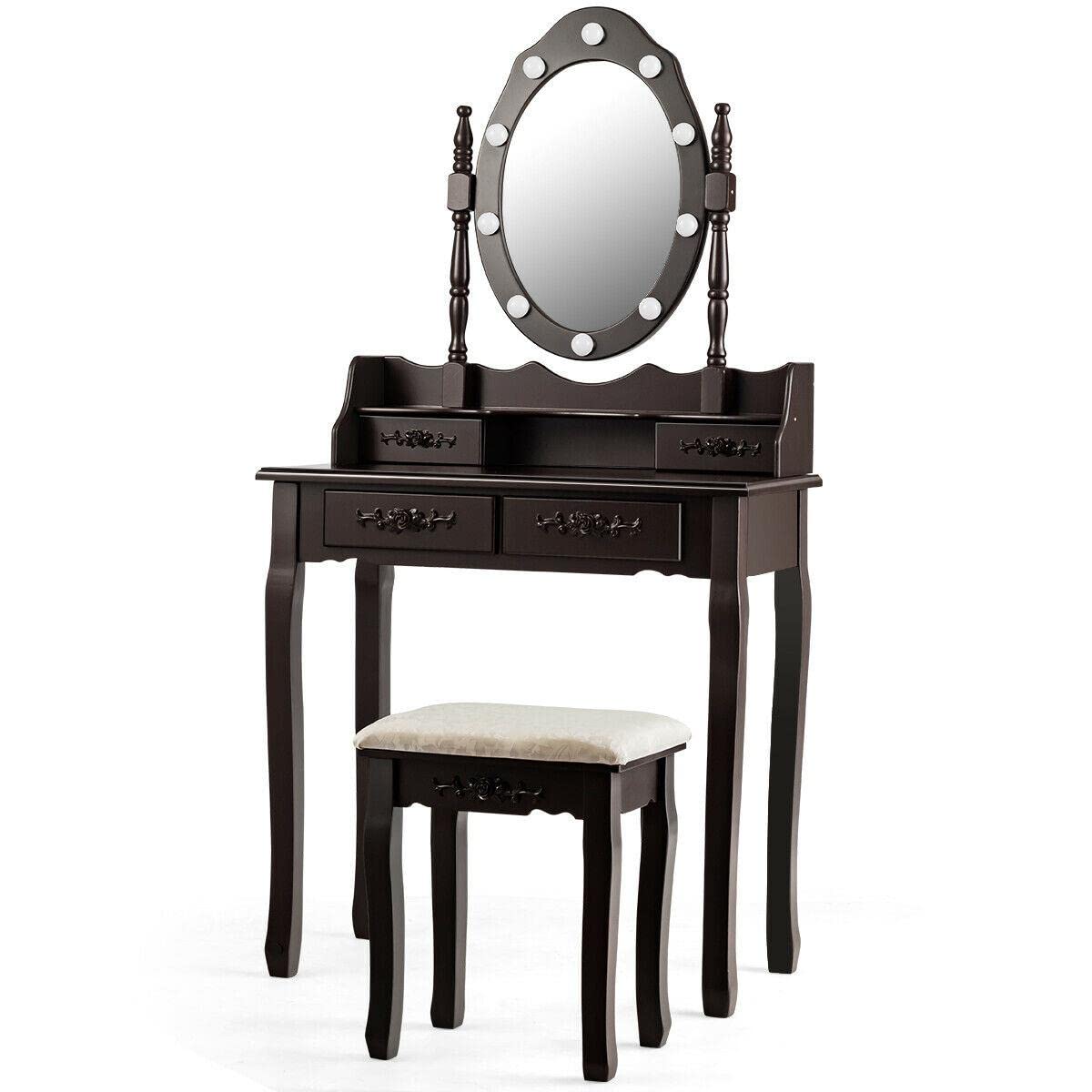 Institu Makeup Vanity Dressing Table Set with 10 Dimmable LED Bulbs, Cushioned Stool, Brown Vanity Desk & Side Tables - Portable Bedroom Vanity Set for Makeup, Skincare & Hair Styling - Perfect for Small Spaces, Apartments & Dorm Rooms