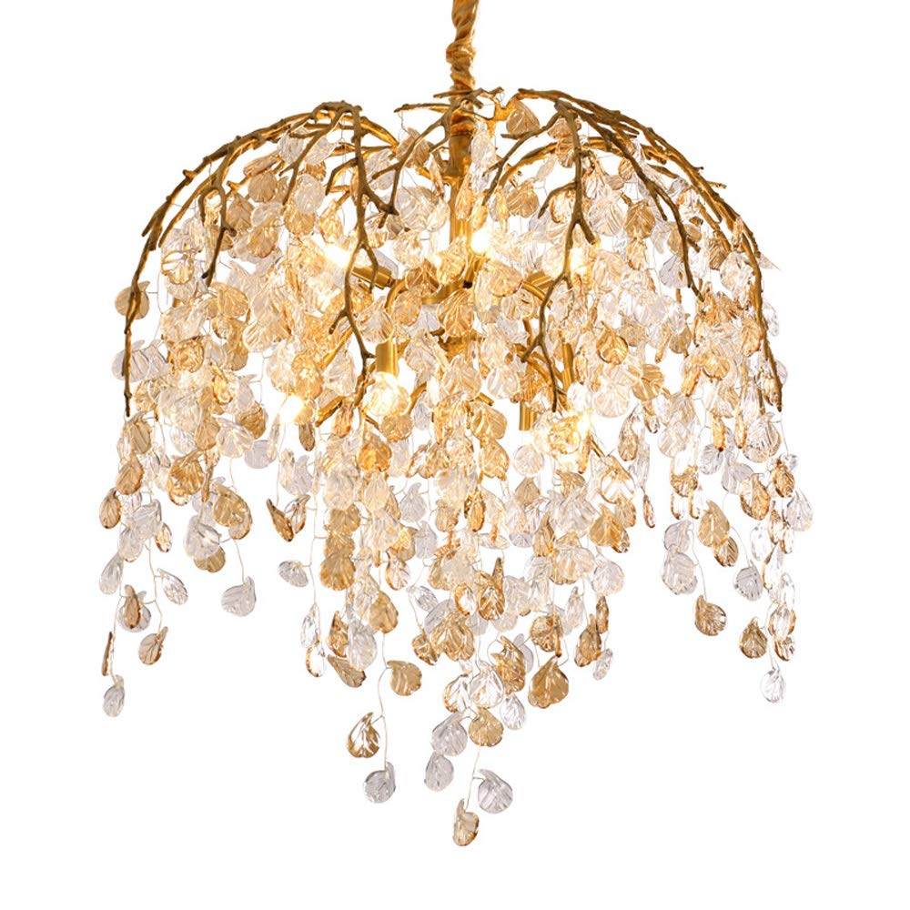 OUUED Modern European Luxury Hanging Pendant Lamp - All Copper Amber Crystal Chandelier with Gold Light Shade - Mid-Century Indoor Ceiling Light Fixture for Dining Room, Living Room, Bedroom & Office Decor