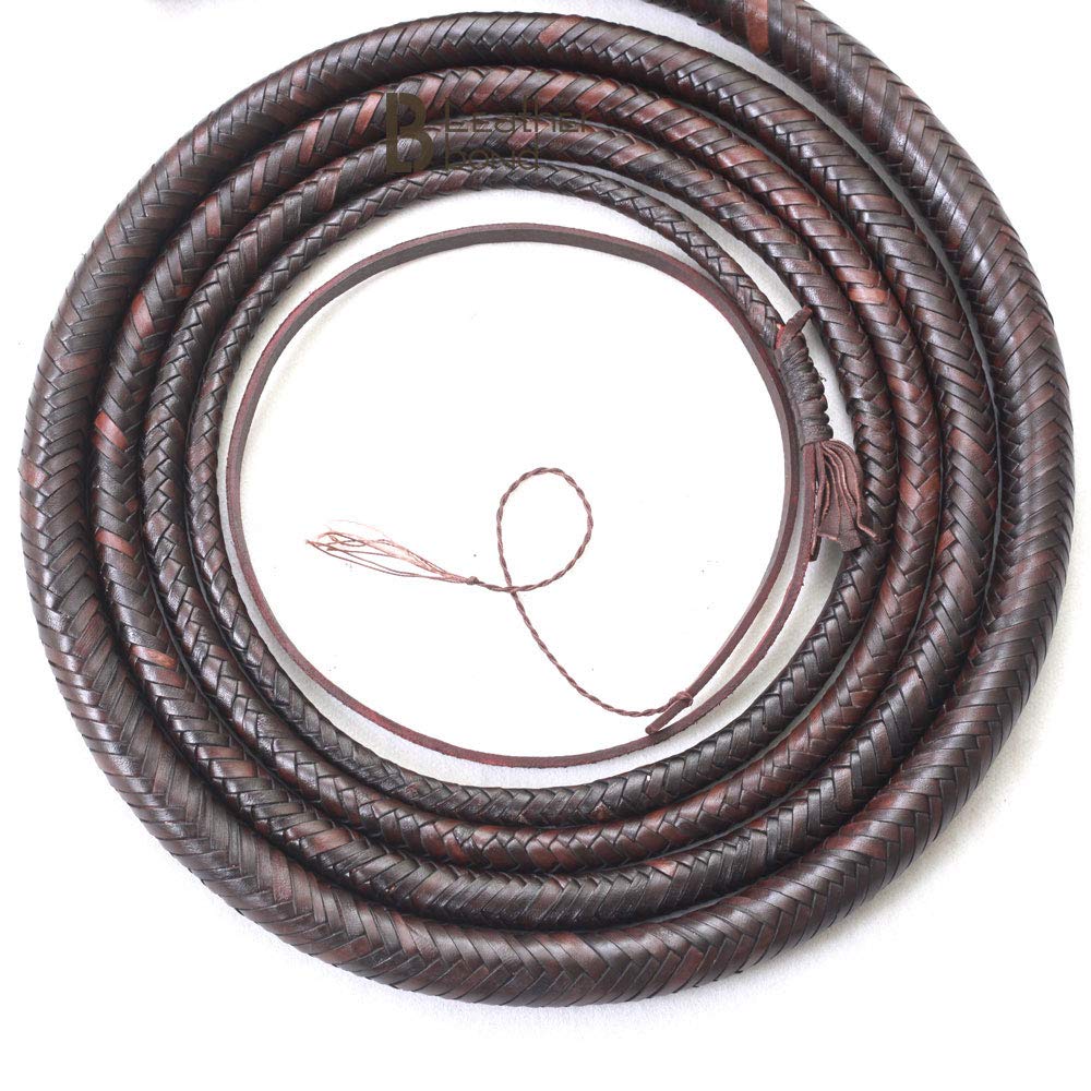 16 Foot Kangaroo Hide Leather Bullwhip - 16 Plaits with Leather Belly & Bolster - Dark Brown Equestrian Whip for Indiana Jones Costume, Training, and Performance