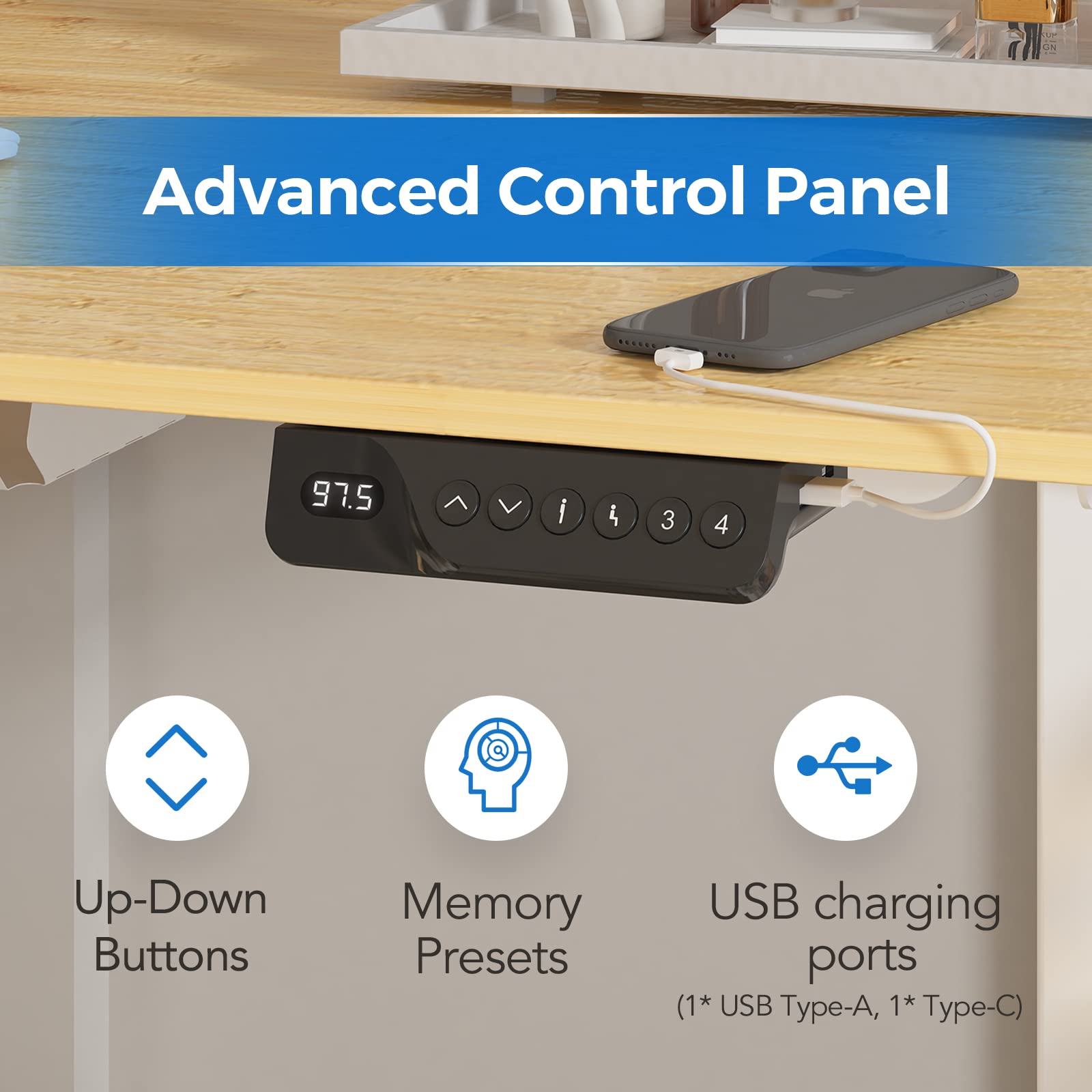 FLEXISPOT Electric Standing Desk 48 x 24 Inches - Adjustable Height Sit Stand Desk with Ergonomic Memory Controller & USB Charging Ports (White Frame & Honey Wheat Desktop) - Perfect for Home Office, Gaming & Workspace Setup