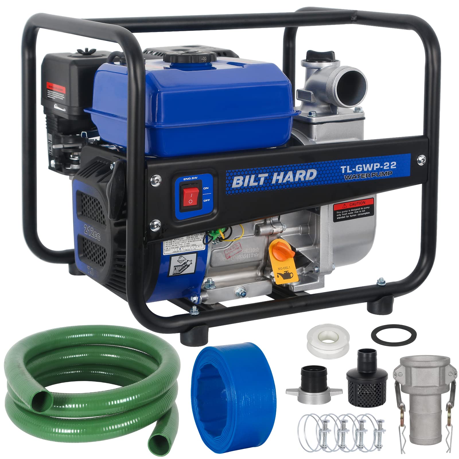 BILT HARD 2 Inch Semi-Trash Water Pump - 158 GPM 7HP Gas Powered Transfer Pump with Hose Kit - Ideal for Flood Control, Construction Sites & Agricultural Irrigation