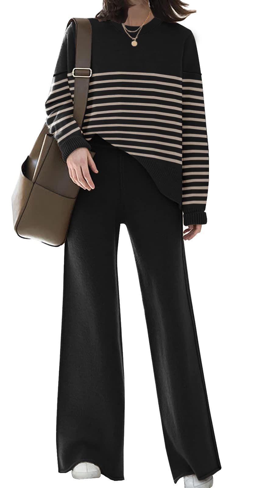 ETCYY Women's Elegant Knit Lounge Set - 2 Piece Sweatsuit with Cozy Sweater Top & Wide Leg Sweatpants | Soft Comfort Outfit for Home, Travel & Relaxation