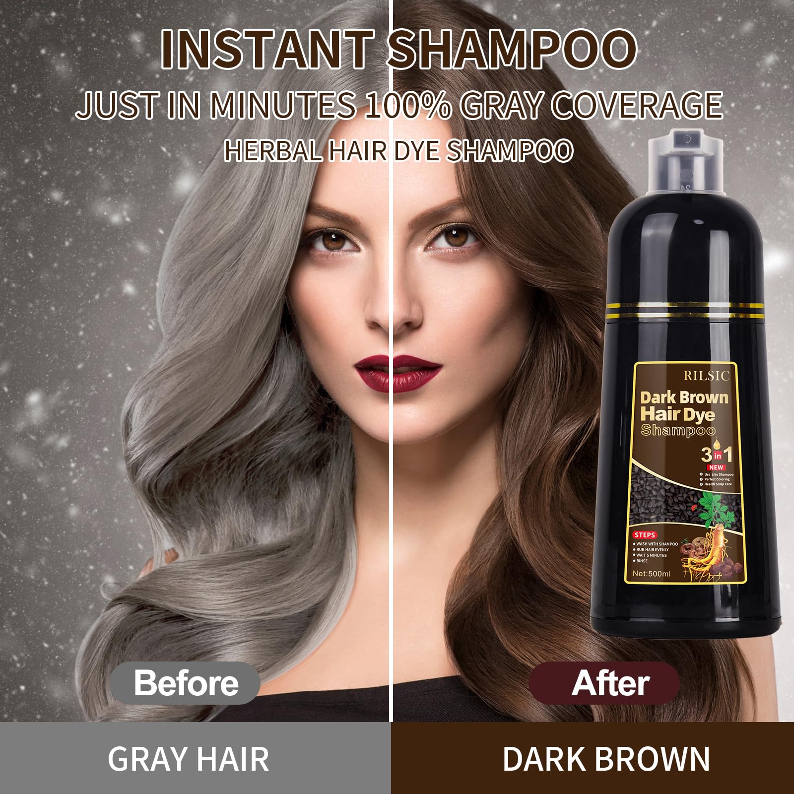 GFEUGS 3-in-1 Hair Dye Shampoo - 100% Grey Coverage for Women & Men | Herbal Dark Brown Hair Color in Minutes (500ml) | Perfect for Home Use, Travel & Quick Touch-Ups