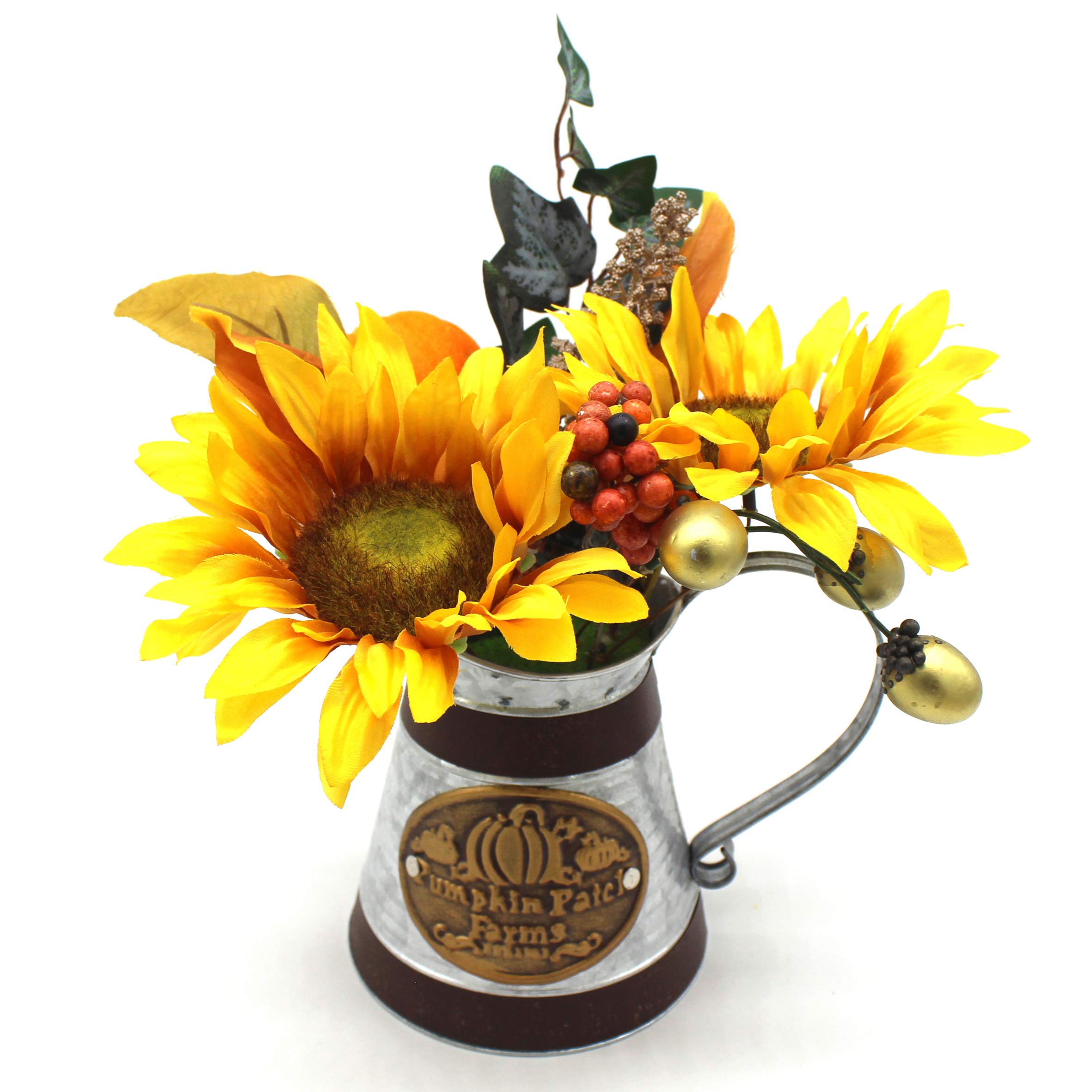 CVHOMEDECO Rustic Artificial Sunflower in Galvanized Metal Milk Pitcher - Farmhouse Sunflower Arrangement for Home & Office Decor - Perfect for Kitchen Countertops, Dining Tables, and Wedding Centerpieces