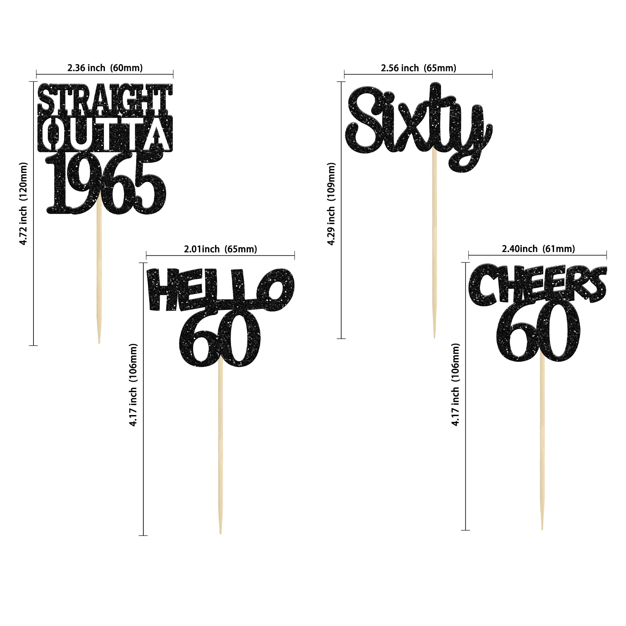 24 Pack Black 60th Birthday Cupcake Toppers - Glitter Sixty Straight Outta 1965 Decorations for Hello 60 Cupcakes | Cheers to 60 Years Anniversary Cake Supplies | Perfect for Milestone Birthdays, Retirement Parties & Golden Jubilee Celebrations