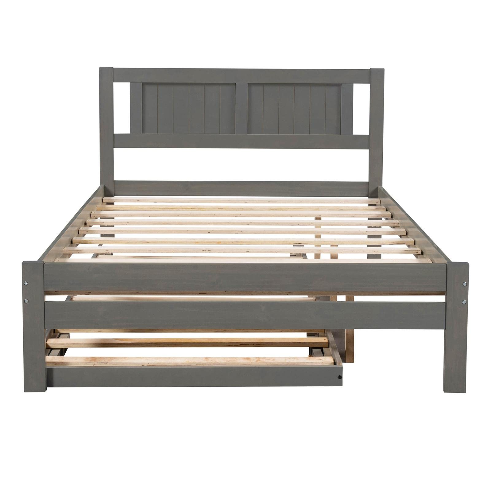 JINS&VICO Full Size Wooden Platform Bed Frame with Headboard & Trundle - Wood Slat Support, Easy Assembly, Gray - Perfect for Guest Rooms, Kids Rooms & Small Spaces