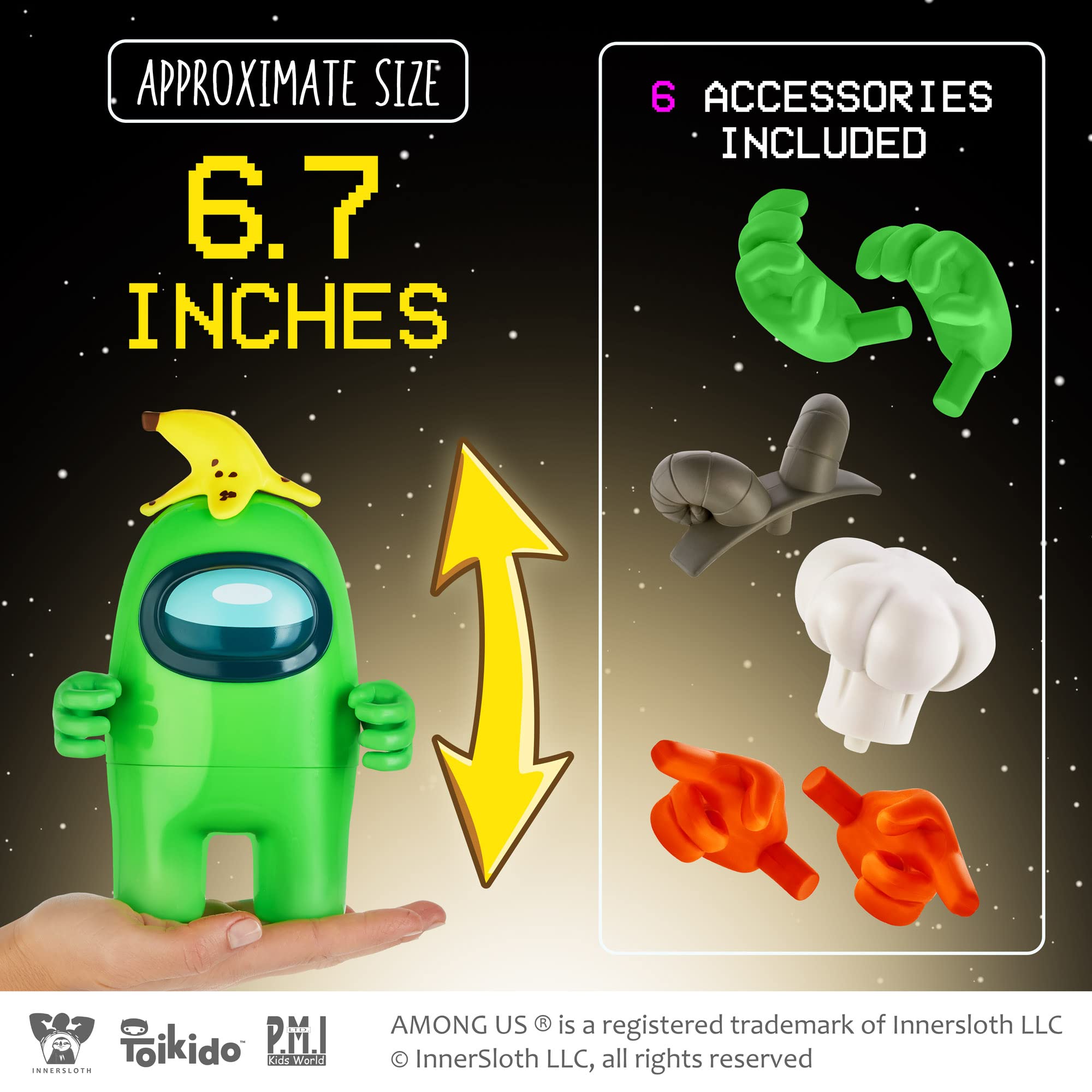 P.M.I. Among Us Action Figures - Set of 2 (Green & Orange) 7-Inch Collectible Crewmates with 6 Accessories (Hats & Hands) | Playable Mini Toys for Kids | Perfect for Birthday Gifts, Game Nights & Among Us Fans Collection