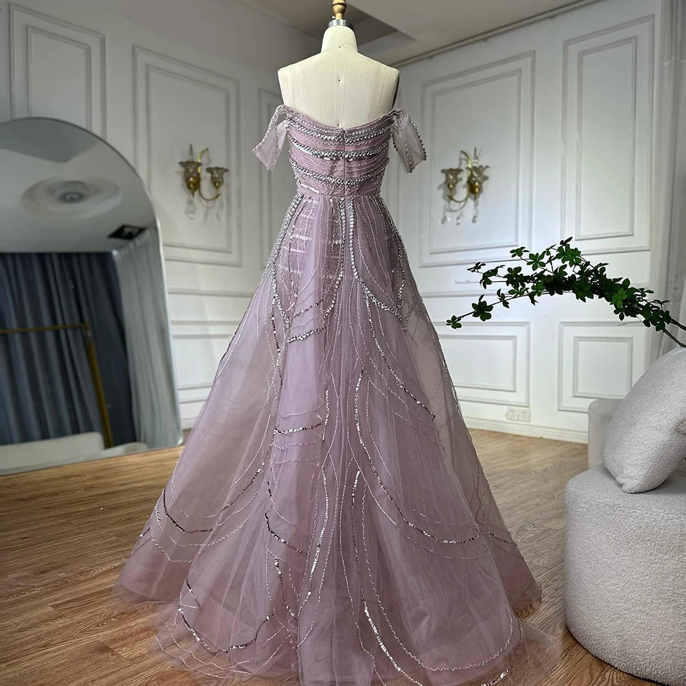 Elegant Dubai Arabic Pink Mermaid Beaded Evening Gown with Detachable Satin Overskirt - Formal Dress for Weddings, Galas & Special Occasions LA72781